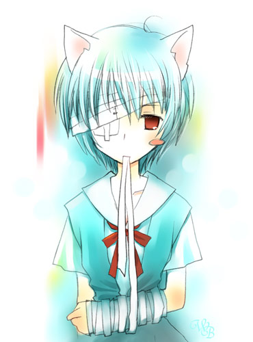 shima yukiwa, ayanami rei, neon genesis evangelion, lowres, animal ears, bandage over one eye, bandages, blue hair, blush, cat ears, eyepatch, kemonomimi mode, red eyes, short hair, solo