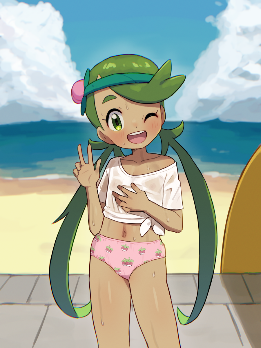 chiwino, mallow (pokemon), nintendo, pokemon, pokemon (anime), pokemon sm (anime), commentary request, highres, large variant set, variant set, 1girl, aged down, blush, collarbone, day, green eyes, green hair, green headband, hand on own chest, happy, headband, long hair, looking at viewer, navel, one eye closed, open mouth, outdoors, panties, pink panties, print panties, sand, shirt, shore, short sleeves, sky, smile, solo, swept bangs, teeth, tied shirt, tongue, underwear, upper teeth only, w, water, wet, wet clothes, wet shirt, white shirt