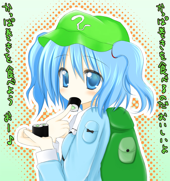 staccato squirrel, kawashiro nitori, touhou, 1girl, backpack, bag, blonde hair, blue eyes, blue hair, eating, female focus, food, hair between eyes, hat, long sleeves, looking at viewer, matching hair/eyes, simple background, solo, sushi, two side up, upper body