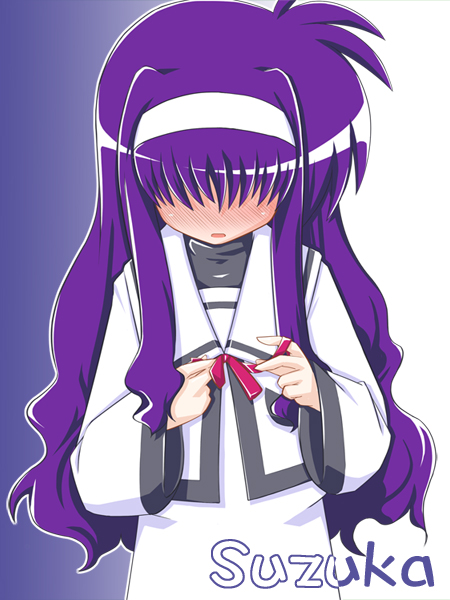 namuru, num, tsukimura suzuka, lyrical nanoha, mahou shoujo lyrical nanoha, 00s, 1girl, blush, female focus, long hair, purple hair, school uniform, serafuku, solo