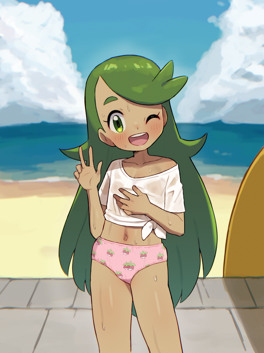 chiwino, mallow (pokemon), nintendo, pokemon, pokemon (anime), pokemon sm (anime), commentary request, highres, large variant set, variant set, 1girl, ;d, aged down, blush, collarbone, day, green eyes, green hair, hand on own chest, happy, long hair, looking at viewer, navel, one eye closed, open mouth, outdoors, panties, pink panties, print panties, sand, shirt, shore, short sleeves, sky, smile, solo, swept bangs, teeth, tied shirt, tongue, underwear, upper teeth only, w, water, wet, wet clothes, wet shirt, white shirt