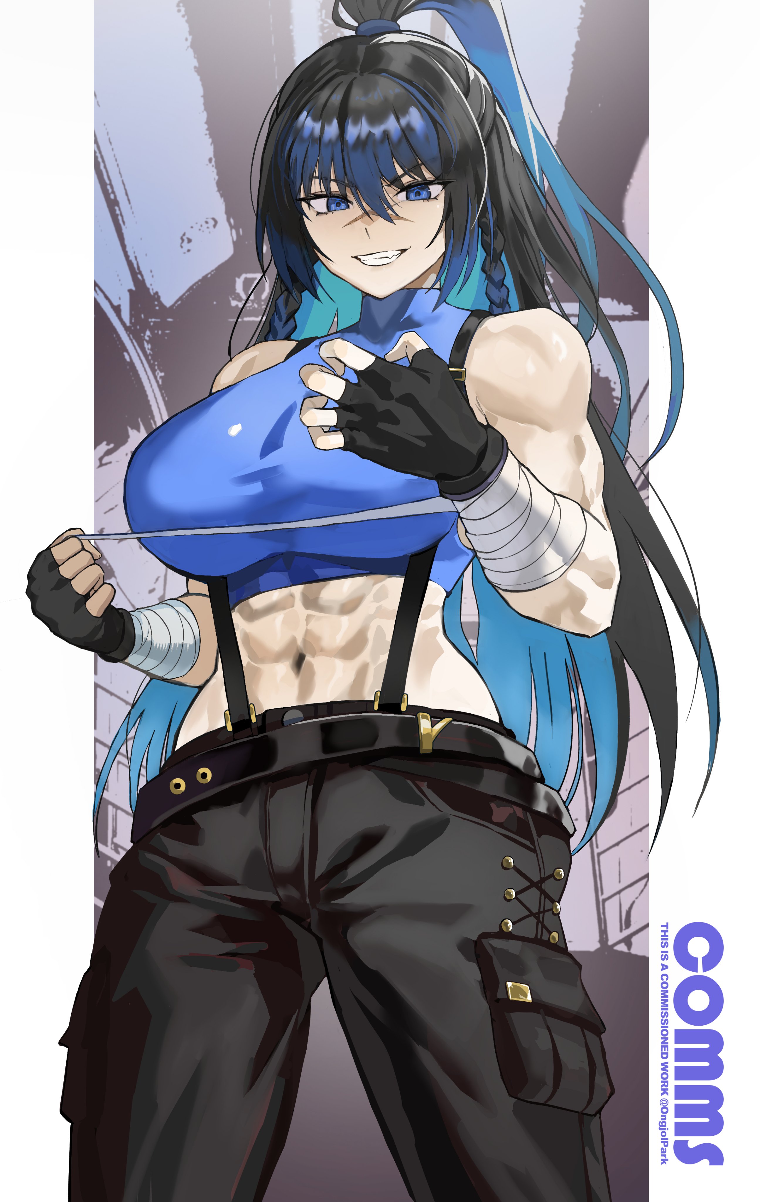 park ongjol, original, absurdres, character request, commentary, commission, english commentary, highres, 1girl, abs, bandaged arm, bandages, bare shoulders, belt, black belt, black gloves, black hair, black pants, blue eyes, blue hair, blue shirt, borrowed character, braid, breasts, colored inner hair, cowboy shot, crop top, cropped shirt, fingerless gloves, gloves, grin, hair between eyes, high ponytail, large breasts, long hair, looking at viewer, midriff, multicolored hair, navel, pants, pocket, ponytail, scar, scar on face, scar on nose, shirt, sleeveless, sleeveless shirt, smile, solo, standing, suspenders, toned, toned female, topknot, tsurime, turtleneck, turtleneck shirt, twin braids, v-shaped eyebrows