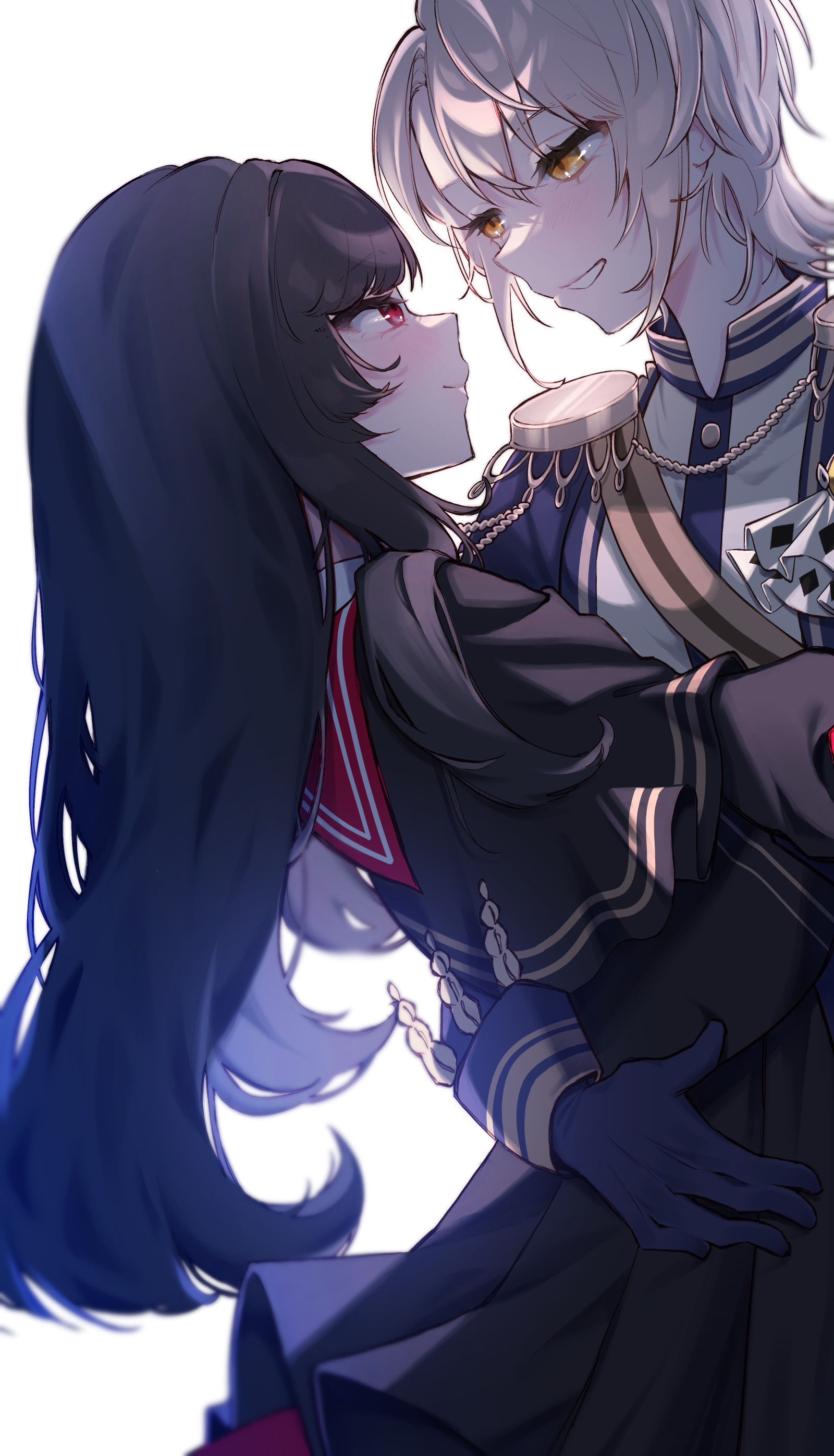 nikaidou hiro, mahou shoujo no majo saiban, absurdres, highres, spoilers, 2girls, aiguillette, black capelet, black hair, black shirt, blonde hair, blue gloves, capelet, cowboy shot, dancing, epaulettes, eye contact, face-to-face, from side, gloves, hasumi reia, long hair, long sleeves, looking at another, magical girl, makoto (makoto ge), multiple girls, pleated skirt, profile, red eyes, school uniform, serafuku, shirt, short hair, skirt, smile, standing, white background, yellow eyes, yuri