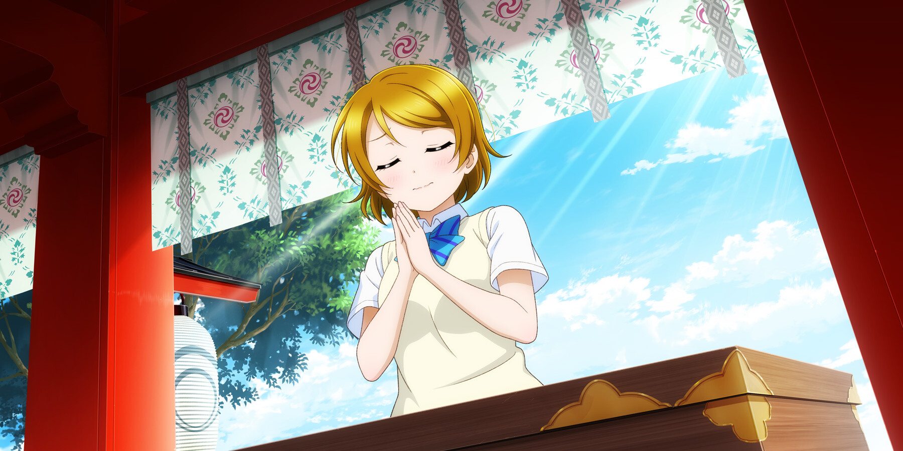 koizumi hanayo, love live!, love live! school idol festival all stars, love live! school idol project, highres, official art, 1girl, anime coloring, blue bow, blue bowtie, blue sky, bow, bowtie, box, brown hair, brown sweater vest, closed eyes, cloud, collared shirt, day, diagonal-striped bow, diagonal-striped bowtie, diagonal-striped clothes, donation box, dress shirt, dutch angle, from below, kanda shrine, lantern, light rays, open mouth, otonokizaka school uniform, outdoors, own hands together, palms together, paper lantern, praying, raised inner eyebrows, school uniform, shirt, short hair, short sleeves, shrine, sky, solo, striped bow, striped bowtie, striped clothes, summer uniform, sunbeam, sunlight, sweater vest, tree, white shirt
