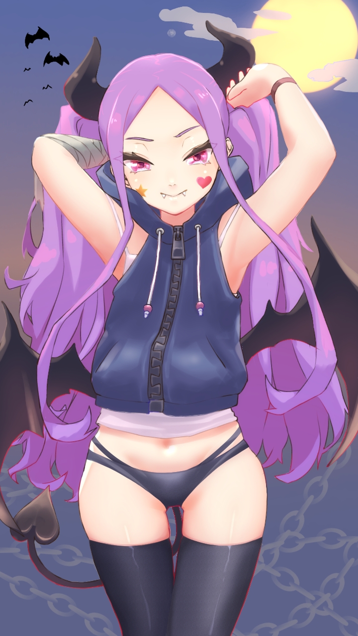 niwaikanai, wu zetian (fate), fate/grand order, fate (series), highres, 1girl, armpits, arms up, black panties, black thighhighs, blue vest, blush, breasts, demon girl, demon horns, demon tail, demon wings, drawstring, fangs, forehead, full moon, hood, hooded vest, hoodie, horns, long hair, looking at viewer, moon, night, night sky, panties, parted bangs, purple eyes, purple hair, sidelocks, sky, small breasts, smile, solo, tail, thighhighs, thighs, twintails, underwear, very long hair, vest, wings, zipper