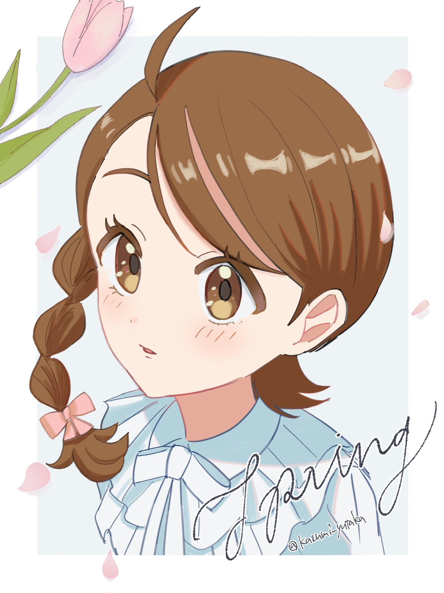 kazumi yutaka, juliana (pokemon), nintendo, pokemon, pokemon sv, highres, 1girl, ahoge, blush, bow, braid, brown hair, flower, frilled shirt, frills, hair bow, pink flower, pink petals, shirt, side braid, solo, upper body, white background, white shirt
