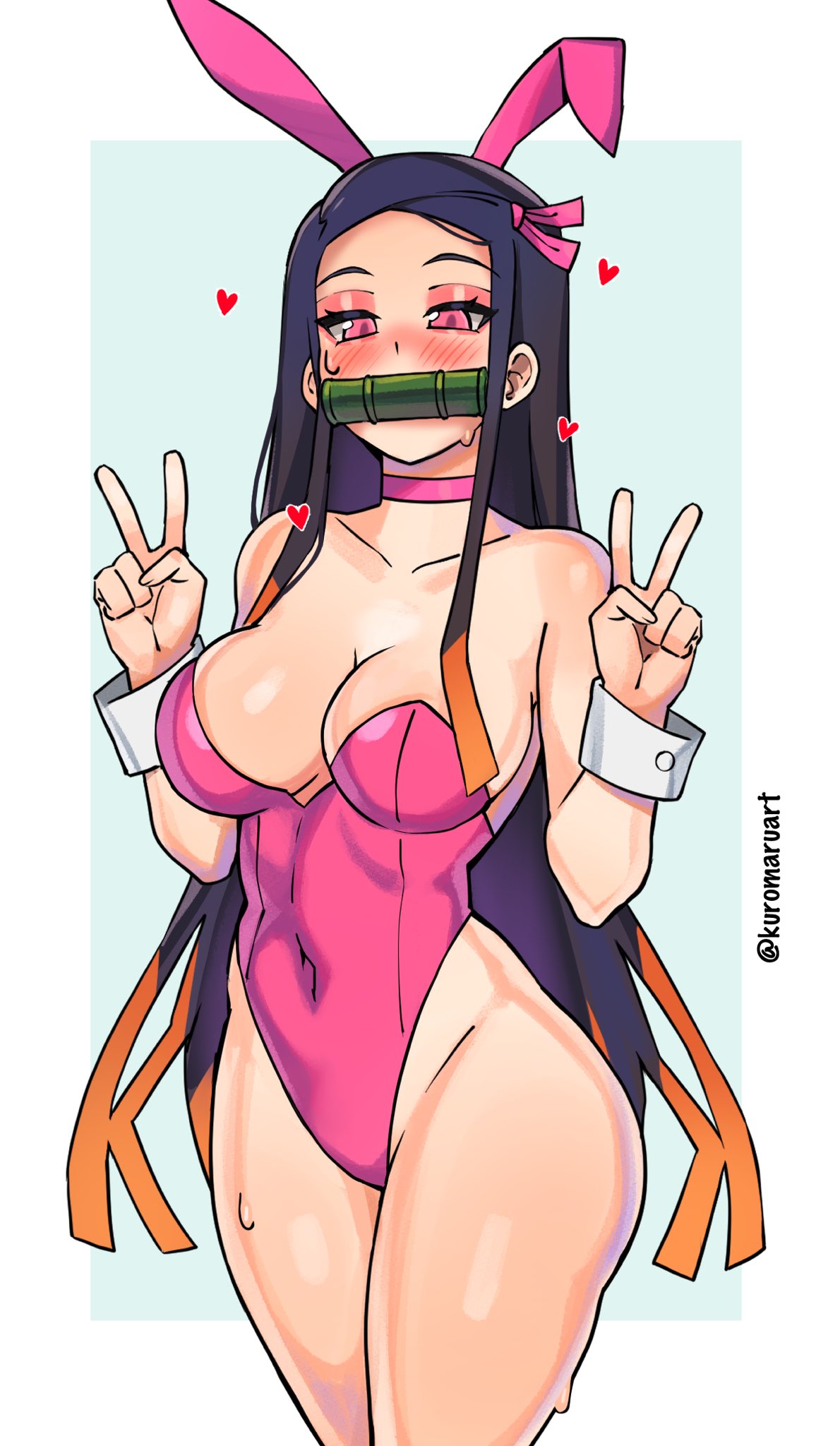 kamado nezuko, kimetsu no yaiba, 1girl, aged up, animal ears, bare shoulders, black hair, blue background, blush, breasts, collarbone, colored tips, covered navel, dot nose, double v, eyeshadow, fake animal ears, feet out of frame, female focus, gag, gagged, half-closed eyes, hands up, heart, highleg, highleg leotard, large breasts, legs together, leotard, long hair, looking at viewer, makeup, multicolored hair, naughty face, orange hair, pink eyes, pink eyeshadow, pink leotard, playboy bunny, rabbit ears, simple background, solo, standing, strapless, strapless leotard, two-tone background, two-tone hair, v, w arms, white background