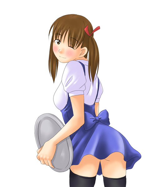 toshifumi, fukuzawa yumi, maria-sama ga miteru, 00s, 1girl, ass, back, breasts, cowboy shot, female focus, simple background, solo, standing, thighhighs, waitress, white background, zettai ryouiki