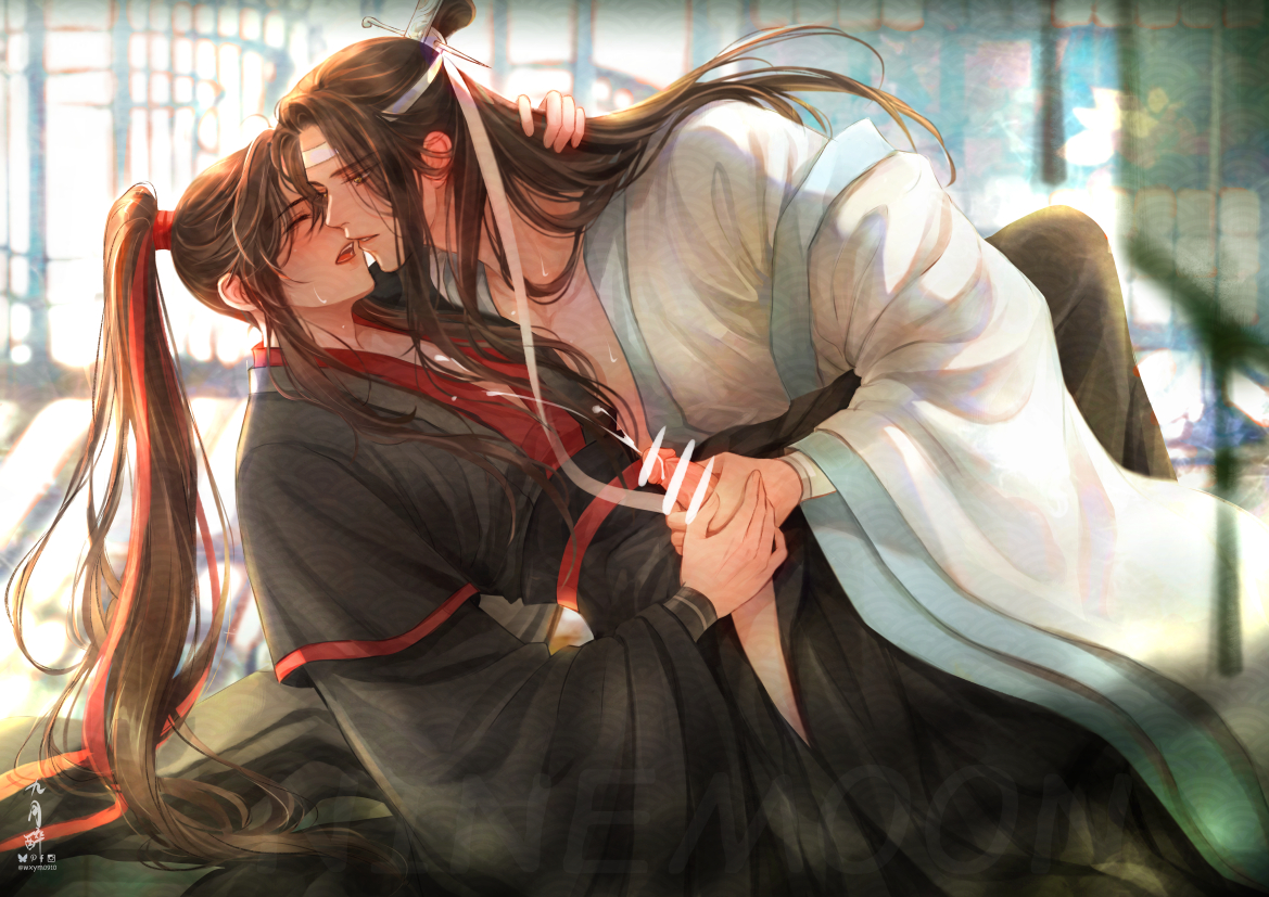 wxym0910, lan wangji, wei wuxian, modao zushi, chinese commentary, 2boys, artist name, bar censor, black hair, black hanfu, black sash, blurry, blurry background, blush, brown hair, censored, chinese clothes, closed eyes, collarbone, cum, cum on self, ejaculation, erection, hair ribbon, handjob, hanfu, headband, hug, imminent kiss, indoors, knee up, long hair, long sleeves, looking at another, male focus, multiple boys, open mouth, penis, ponytail, projectile cum, red ribbon, red sash, ribbon, robe, sash, sidelocks, sitting, smoke, sweat, topknot, white hanfu, white headband, wide sleeves, window, xiao guan (headdress), yaoi, yellow eyes