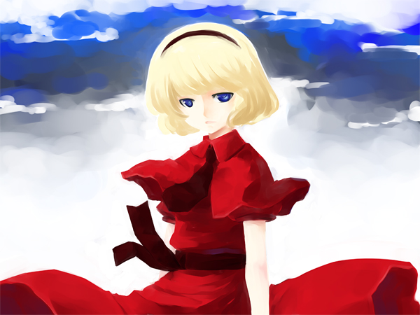sakuraba yuuki, alice margatroid, medicine melancholy, touhou, 1girl, alternate color, blonde hair, capelet, female focus, hairband, player 2, short hair, solo