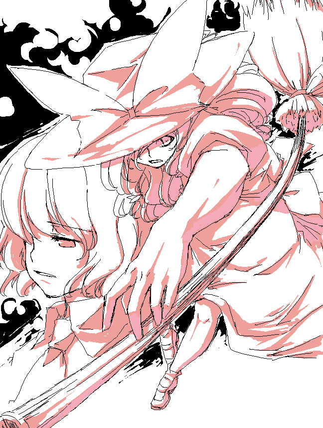 sakuraba yuuki, alice margatroid, kirisame marisa, touhou, 2girls, female focus, hat, monochrome, multiple girls, pink theme, sketch, witch hat
