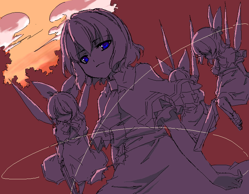 sakuraba yuuki, alice margatroid, shanghai doll, touhou, 1girl, blue eyes, capelet, doll, dusk, fairy, female focus, frills, hidden eyes, looking at viewer, monochrome, multiple monochrome, nature, outdoors, sash, shaded face, short hair, short sleeves, sketch, sky, solo, spot color, string, upper body