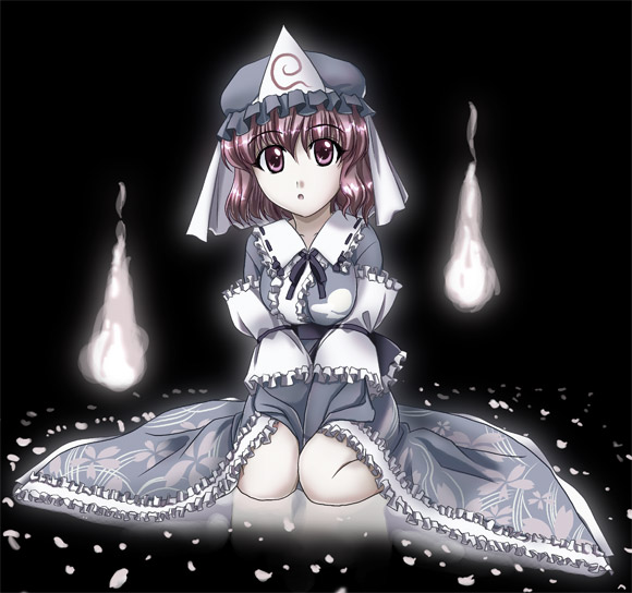 yamaguchi takashi, yamaguchi yuu, saigyouji yuyuko, touhou, 1girl, :o, female focus, frills, hat, hitodama, japanese clothes, kimono, pink hair, purple hair, short hair, sitting, solo, wariza