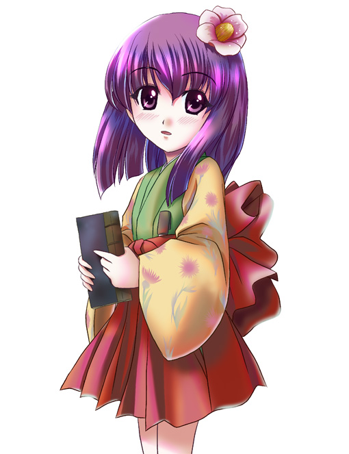 yamaguchi takashi, yamaguchi yuu, hieda no akyuu, touhou, 1girl, alternate hairstyle, blush, book, female focus, flower, hair flower, hair ornament, japanese clothes, long hair, purple eyes, purple hair, solo