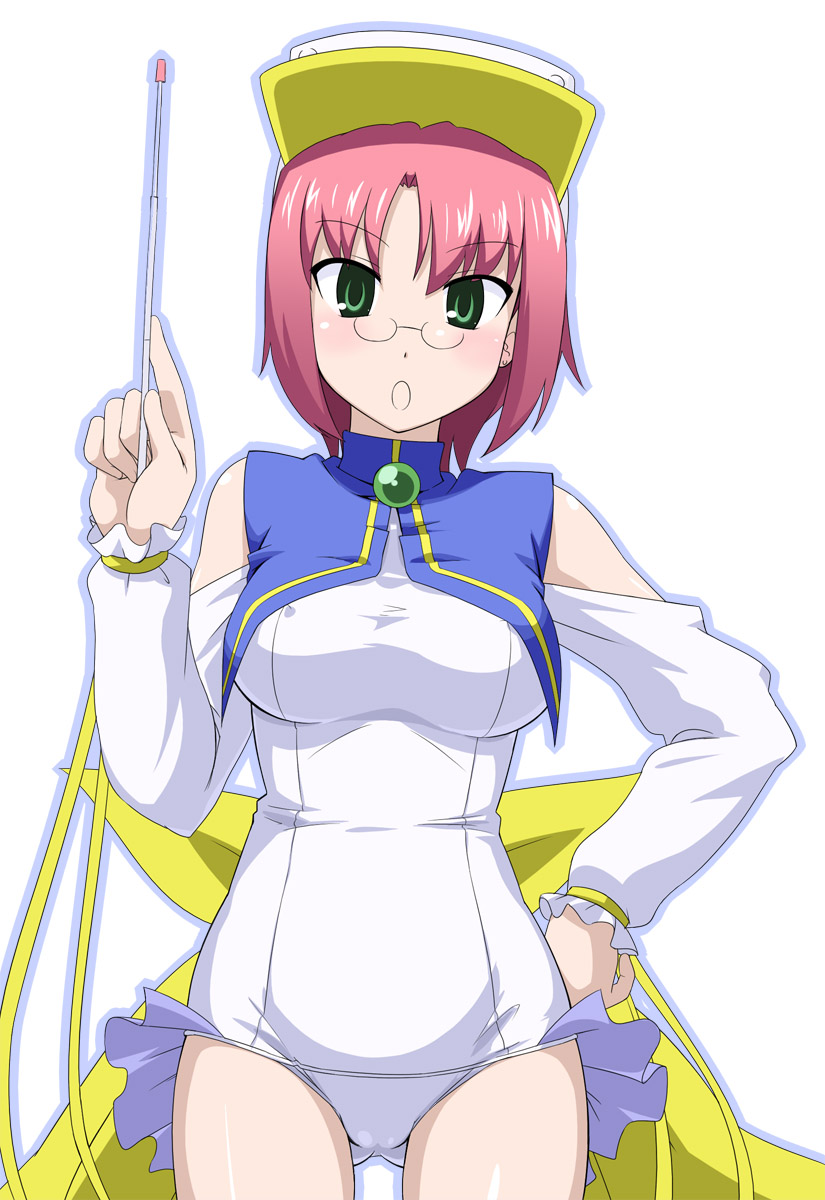 youkan, pastel ink, rio rollins, moetan, super blackjack, visor, highres, 1girl, breasts, cameltoe, cosplay, covered erect nipples, female focus, glasses, hand on own hip, hip focus, large breasts, one-piece swimsuit, parody, pastel ink (cosplay), pink hair, pointer, school swimsuit, short hair, solo, swimsuit, visor cap, white one-piece swimsuit, white school swimsuit