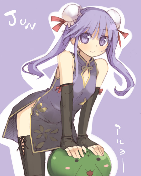 kashiwamochi yomogi, watarase jun, happiness!, 00s, 1boy, bare shoulders, china dress, chinese clothes, crossdressing, crossdressing (mtf), dress, elbow gloves, gloves, male focus, purple eyes, purple hair, solo, thighhighs, trap, twintails