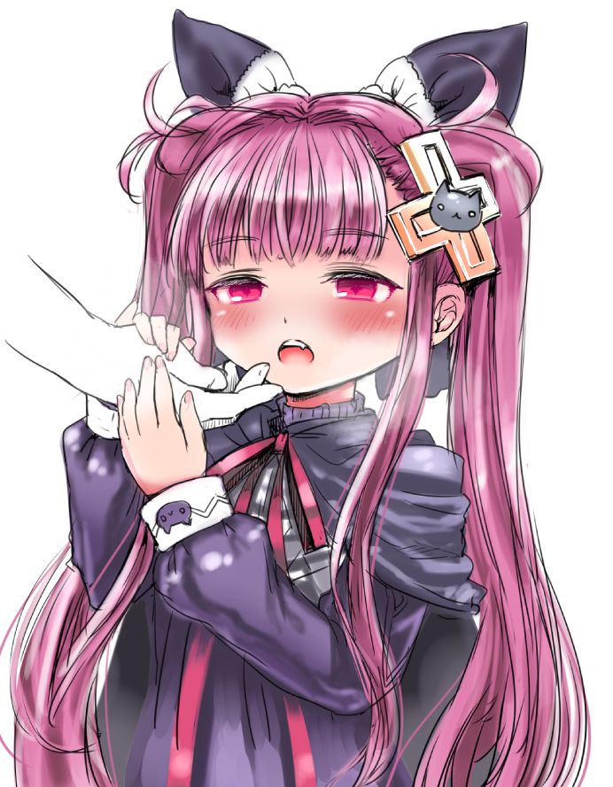 ajitarou (setsu), alucard lore, emil chronicle online, 1girl, black bow, black cloak, black dress, blush, bow, cloak, dress, hair bow, holding hands, long hair, neck ribbon, open mouth, purple hair, red eyes, red ribbon, ribbon, twintails, upper body, white background
