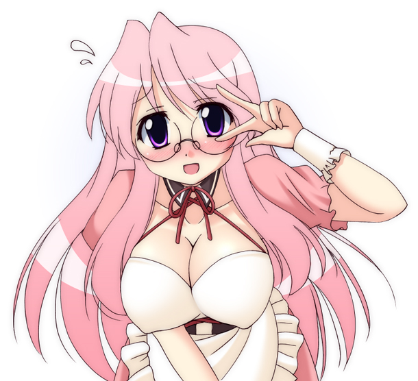 narutaki shin, asahina mikuru, takara miyuki, lucky star, suzumiya haruhi no yuuutsu, 1girl, asahina mikuru (cosplay), bent over, blush, breasts, cosplay, cowboy shot, crossover, female focus, glasses, parody, simple background, solo, standing, waitress, white background