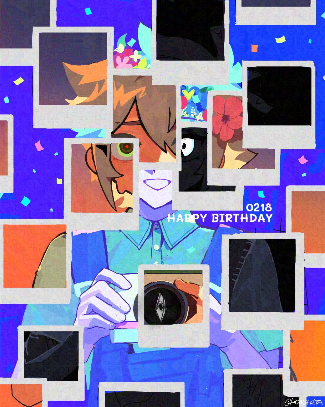 honshiya, basil (faraway) (omori), basil (headspace) (omori), basil (omori), something (omori), stranger (omori), omori, adversarial noise, highres, 1boy, blonde hair, blue shirt, camera, dated, denim overalls, flower wreath, green eyes, hair ornament, happy birthday, head wreath, holding, holding camera, looking at viewer, multiple persona, polaroid photo, shirt, short hair, signature, smile, white eyes