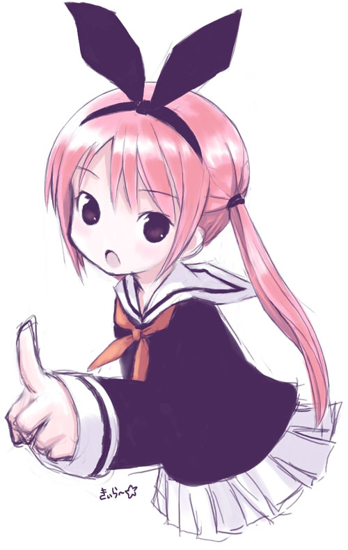 kiira, original, 1girl, child, female focus, hairband, long hair, pink hair, pointing, school uniform, serafuku, sketch, solo, twintails