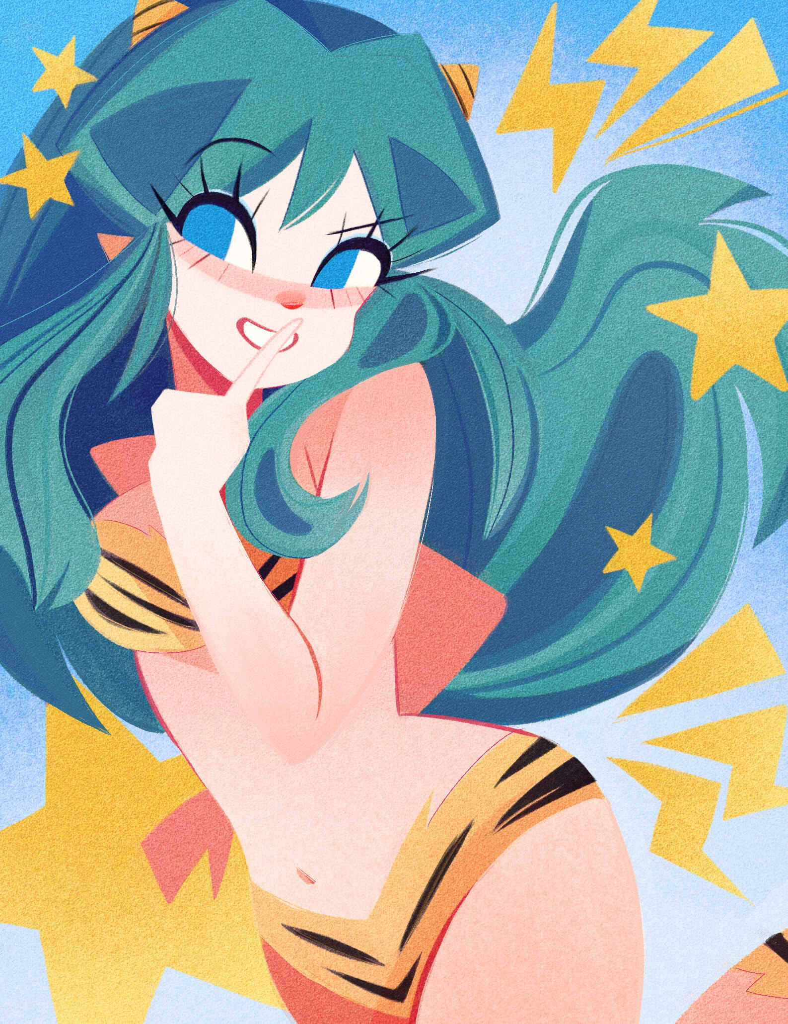 emmyluvscookies, lum, urusei yatsura, commentary, highres, 1girl, aqua hair, bikini, blue eyes, breasts, cone horns, eyelashes, finger to mouth, horns, index finger raised, lightning bolt symbol, long hair, navel, pointy ears, print bikini, sidelocks, smile, solo, star (symbol), swimsuit