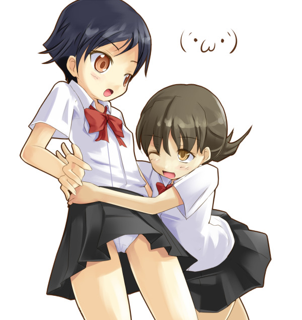 kuro (be ok), tagme, 2girls, multiple girls, panties, school uniform, serafuku, simple background, underwear