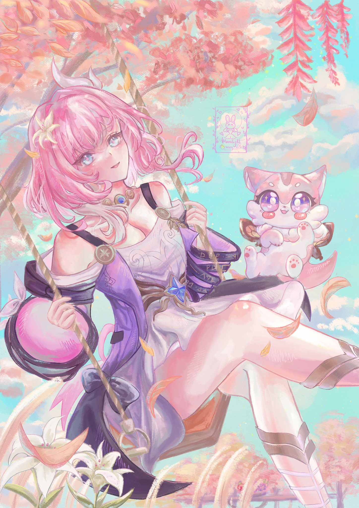 cyrene (honkai: star rail), honkai: star rail, honkai (series), commentary, english commentary, highres, 1girl, bare shoulders, blue sky, breasts, chimera (honkai: star rail), cleavage, coat, dress, flower, jewelry, moonlightbunyyy, necklace, on swing, outdoors, pink hair, purple coat, short hair, sky, small breasts, solo, swing, thighs, tree, white dress, white flower