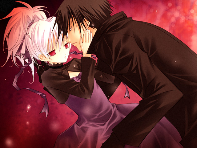 vanilla (artist), vanilla (nicolla), hei (darker than black), yin (darker than black), darker than black, 00s, 1boy, 1girl, couple, dress, hetero, ponytail, purple dress, white hair