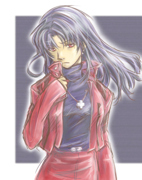 goasa, katsuragi misato, neon genesis evangelion, bad id, bad pixiv id, 1girl, cross, female focus, jacket, jewelry, long hair, necklace, pencil skirt, purple hair, red eyes, skirt, solo