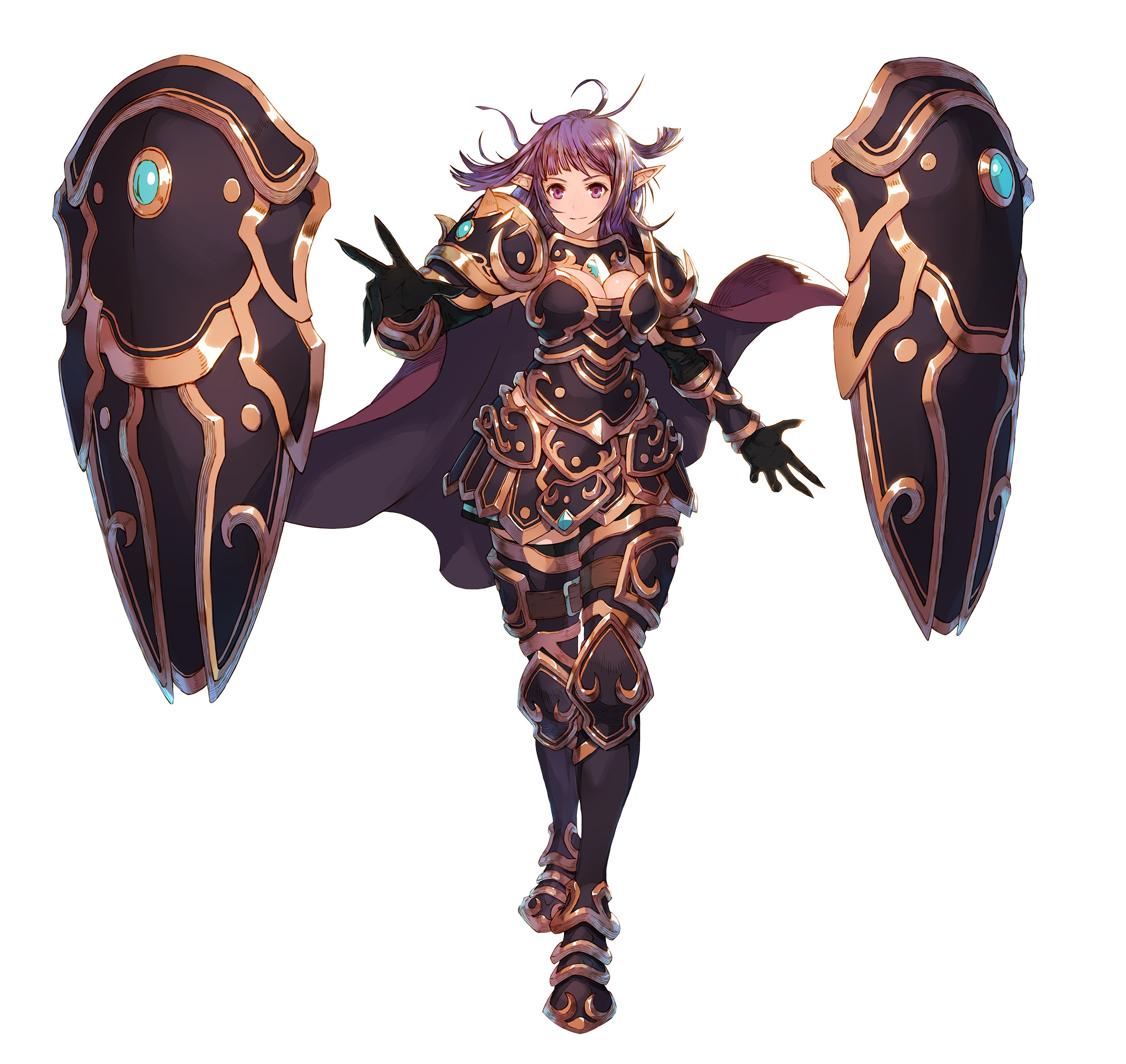 dovi, dosarta (king's raid), king's raid, commentary, english commentary, highres, official art, 1girl, armor, armored boots, armored skirt, black armor, black gloves, black skirt, boots, bracer, breastplate, breasts, cleavage, elf, fingernails, full body, gloves, gold trim, leg armor, medium breasts, medium hair, pauldrons, pointy ears, purple eyes, purple hair, sharp fingernails, shield, shoulder armor, skirt, smile, solo