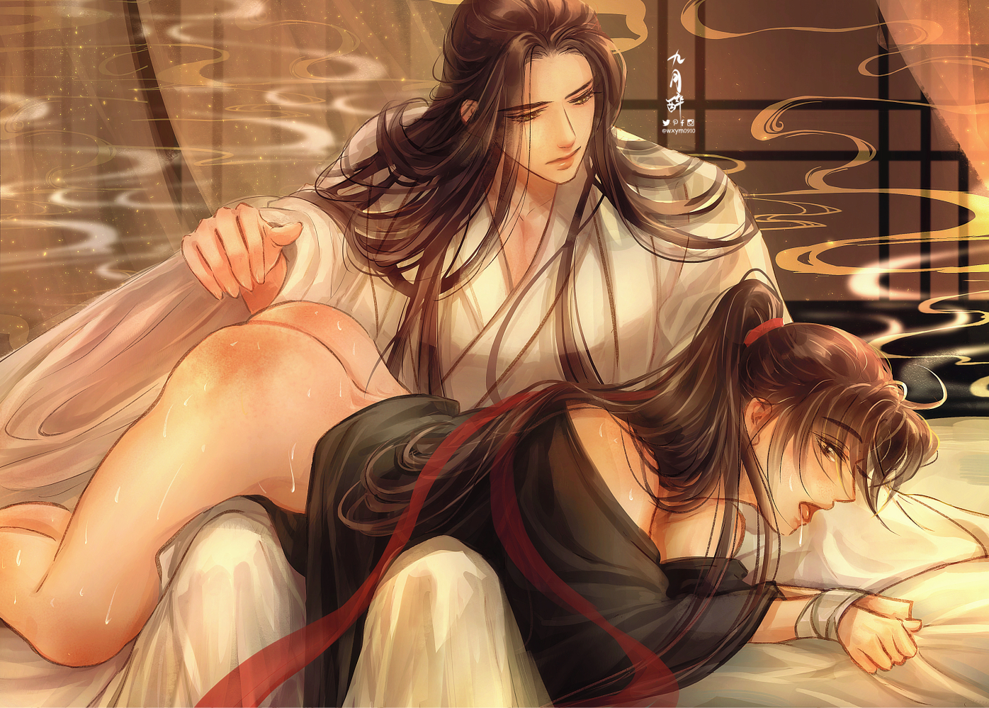 wxym0910, lan wangji, wei wuxian, modao zushi, chinese commentary, 2boys, ahoge, artist name, ass, bare shoulders, bed, bed sheet, bishounen, black eyes, black hair, black hanfu, blush, bottomless, bound, bound wrists, brown hair, chinese clothes, curtains, hair ribbon, half-closed eyes, hanfu, high ponytail, indoors, lattice, long hair, long sleeves, looking at another, lying, lying on lap, male focus, multiple boys, off shoulder, on bed, on stomach, open mouth, parted bangs, pillow, ponytail, red ribbon, ribbon, robe, saliva, see-through curtains, sex, sheet grab, sidelocks, sitting, slap mark, smoke, spanked, spanking, sweat, tears, tongue, tongue out, torogao, white hanfu, wide sleeves, window, yaoi, yellow eyes