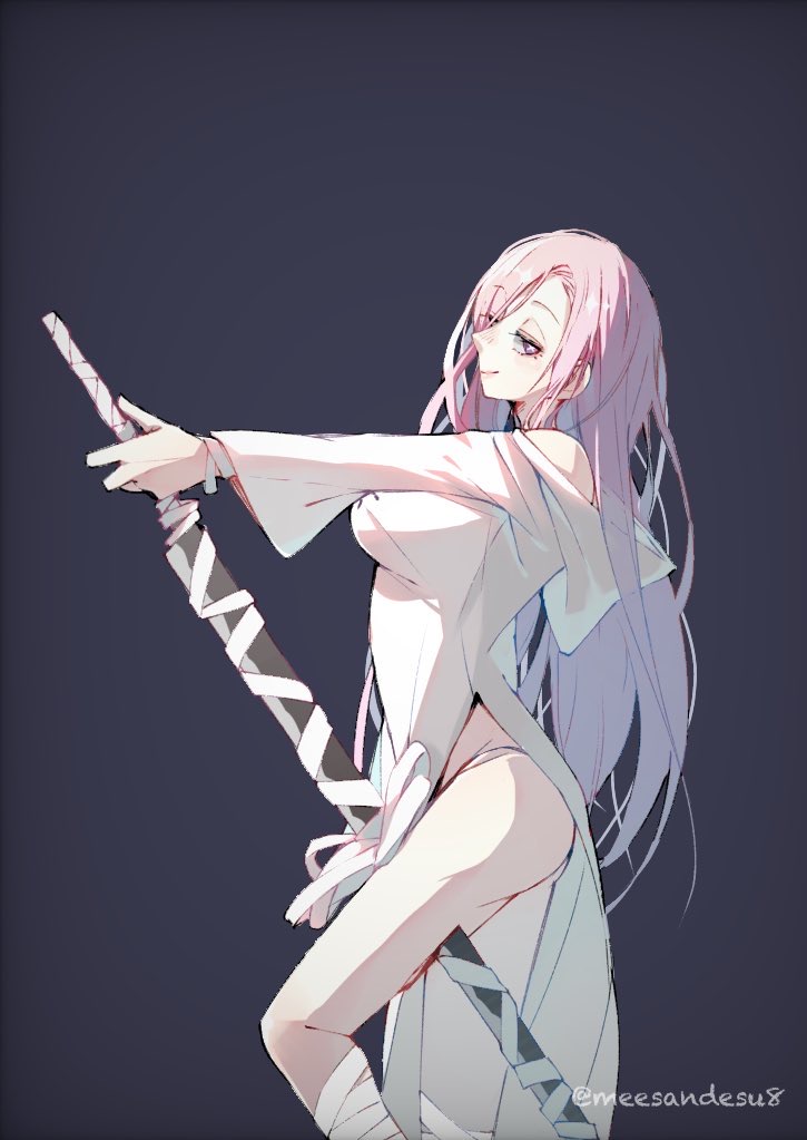 talia (dai nana oji), tensei shitara dai nana oji datta no de: kimama ni majutsu o kiwamemasu, 1girl, bandaged leg, bandages, black background, blush, breasts, closed mouth, dress, from side, hair over one eye, holding, holding sword, holding weapon, large breasts, lips, long hair, looking at viewer, obakesandesu8, pink eyes, pink hair, simple background, smile, solo, sword, sword between thighs, symbol-shaped pupils, very long hair, weapon, white dress