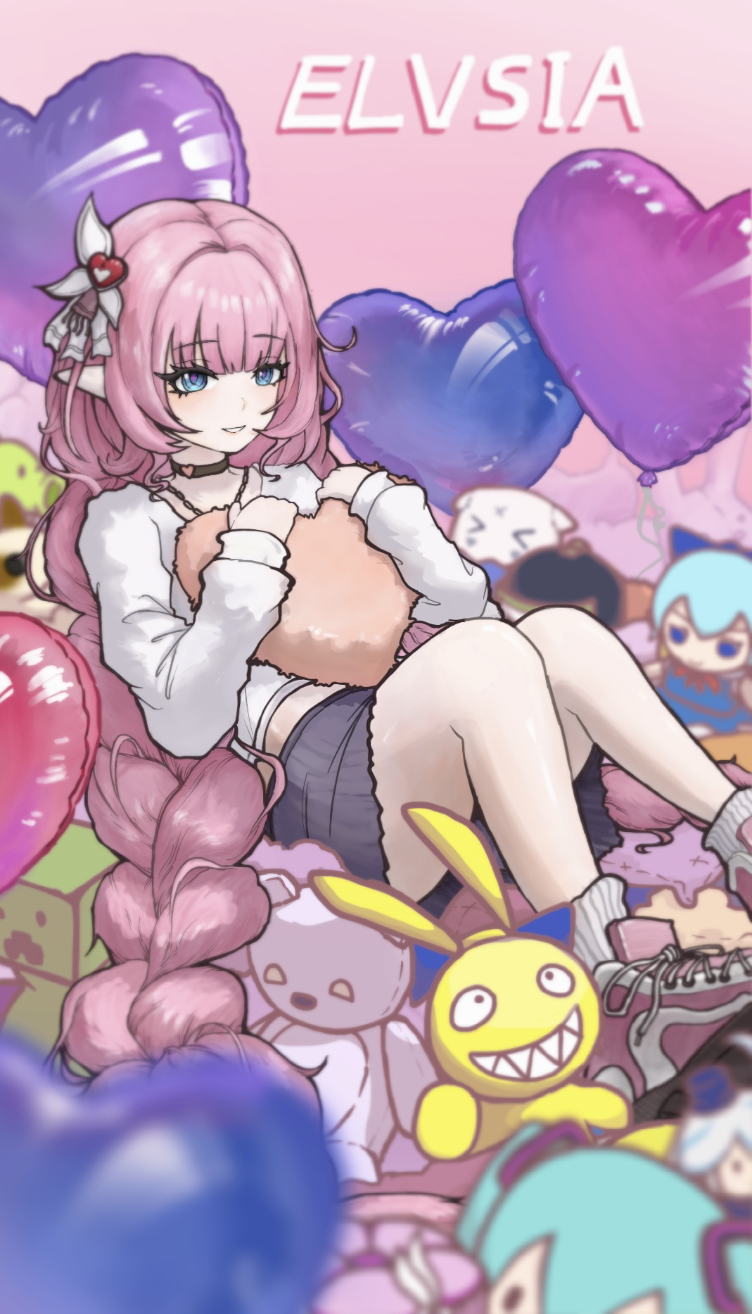 elysia (honkai impact), homu (honkai impact), honkai (series), honkai impact 3rd, chinese commentary, commentary request, highres, 1girl, alternate costume, balloon, black choker, black skirt, blue eyes, character name, choker, elf, hair ornament, heart, heart-shaped pillow, heart balloon, holding, holding pillow, kaoyangyizhi27130, long hair, pillow, pink background, pink hair, pointy ears, skirt, solo, stuffed animal, stuffed toy, sweater, teddy bear, thighs, very long hair, white sweater