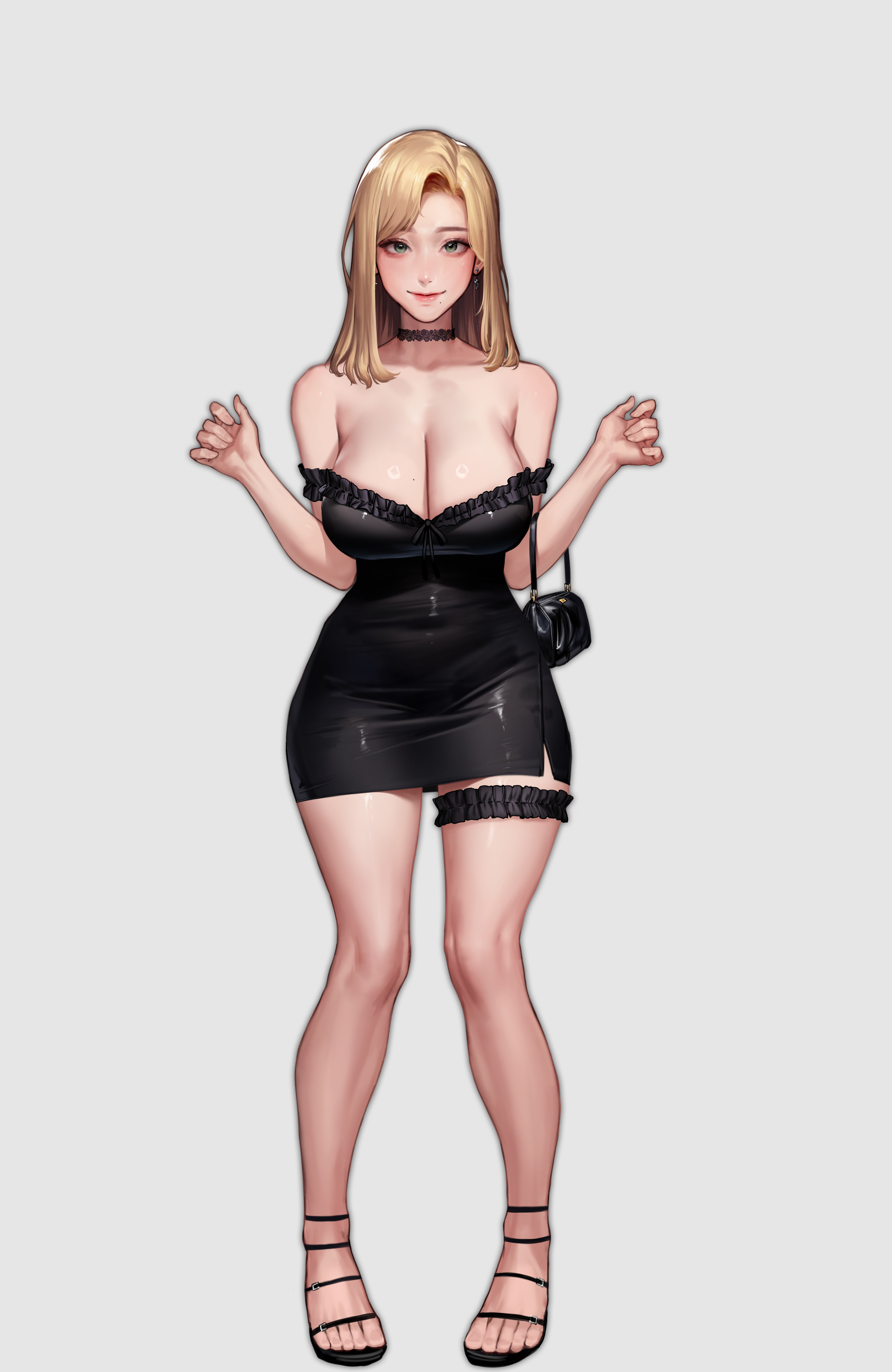 kidmo, absurdres, highres, bag, black corset, black dress, blonde hair, corset, dress, earrings, full body, green eyes, handbag, jewelry, looking at viewer