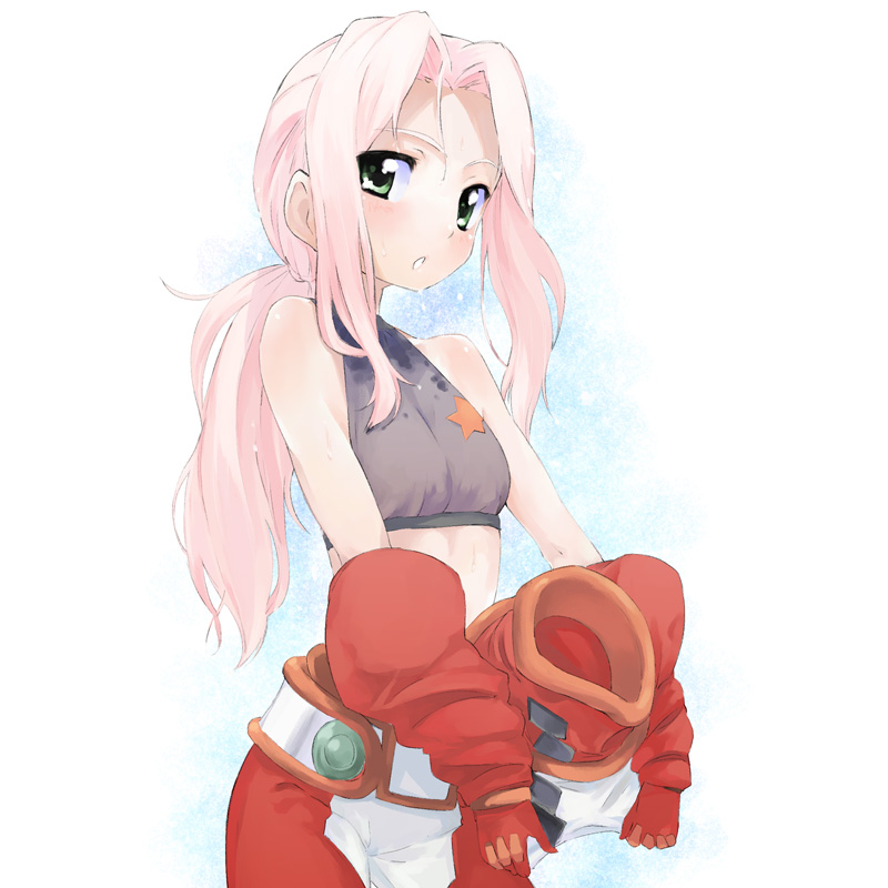 u (the unko), darry adai, tengen toppa gurren lagann, 00s, 1girl, bare shoulders, blush, bodysuit, breasts, female focus, flat chest, green eyes, long hair, pink hair, ponytail, small breasts, solo, sweat, undressing