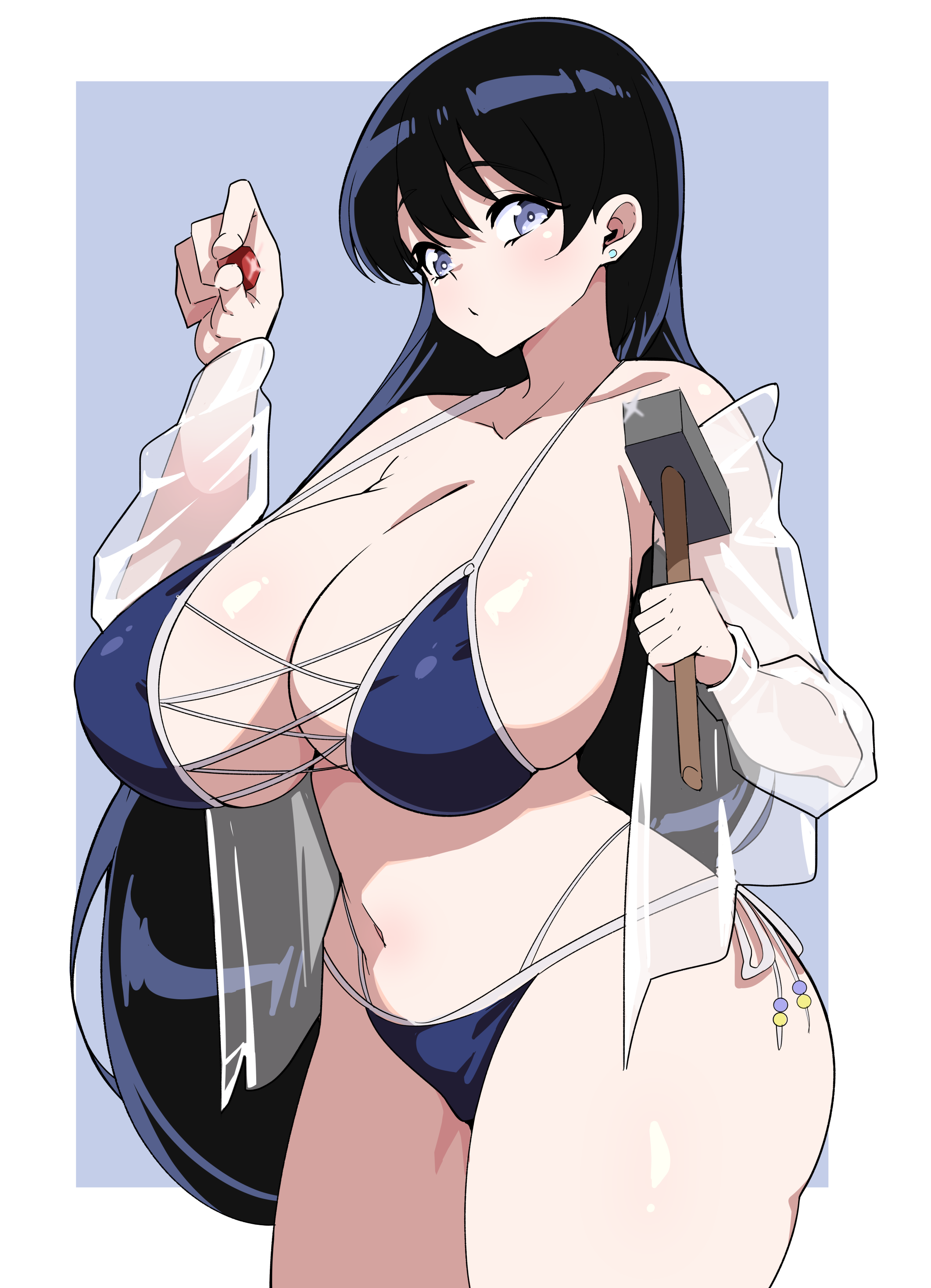 kuraido (kuraid draw), arato nagi, ruri no houseki, absurdres, commentary request, highres, 1girl, ass, bikini, black hair, blue bikini, border, breasts, cleavage, collarbone, curvy, ear piercing, earrings, hammer, holding, holding hammer, holding rock, jacket, jewelry, large breasts, long hair, looking at viewer, navel, piercing, purple background, purple eyes, rock, see-through clothes, see-through jacket, simple background, stud earrings, swimsuit, thick thighs, thighs, very long hair, white border, white jacket
