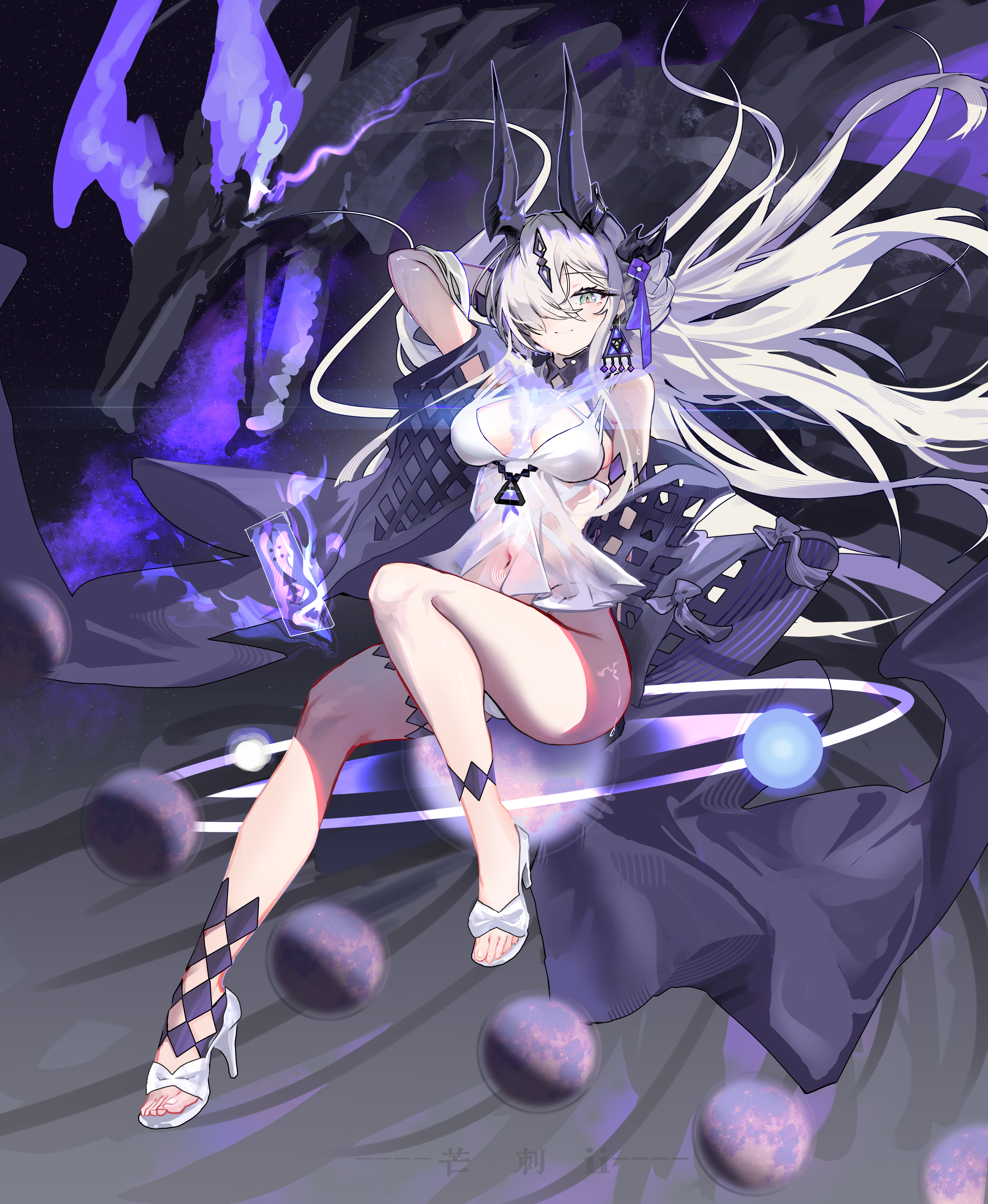 mang ci, necrass (arknights), necrass (summer flowers) (arknights), arknights, absurdres, chinese commentary, commentary request, highres, 1girl, aqua eyes, arm behind head, bikini, breasts, closed mouth, dragon girl, dragon horns, earrings, floating hair, full body, hair over one eye, hair spread out, horns, jewelry, long hair, looking at viewer, medium breasts, multiple horns, navel, official alternate costume, pink pupils, sandals, solo, swimsuit, very long hair, white bikini, white hair, white sandals