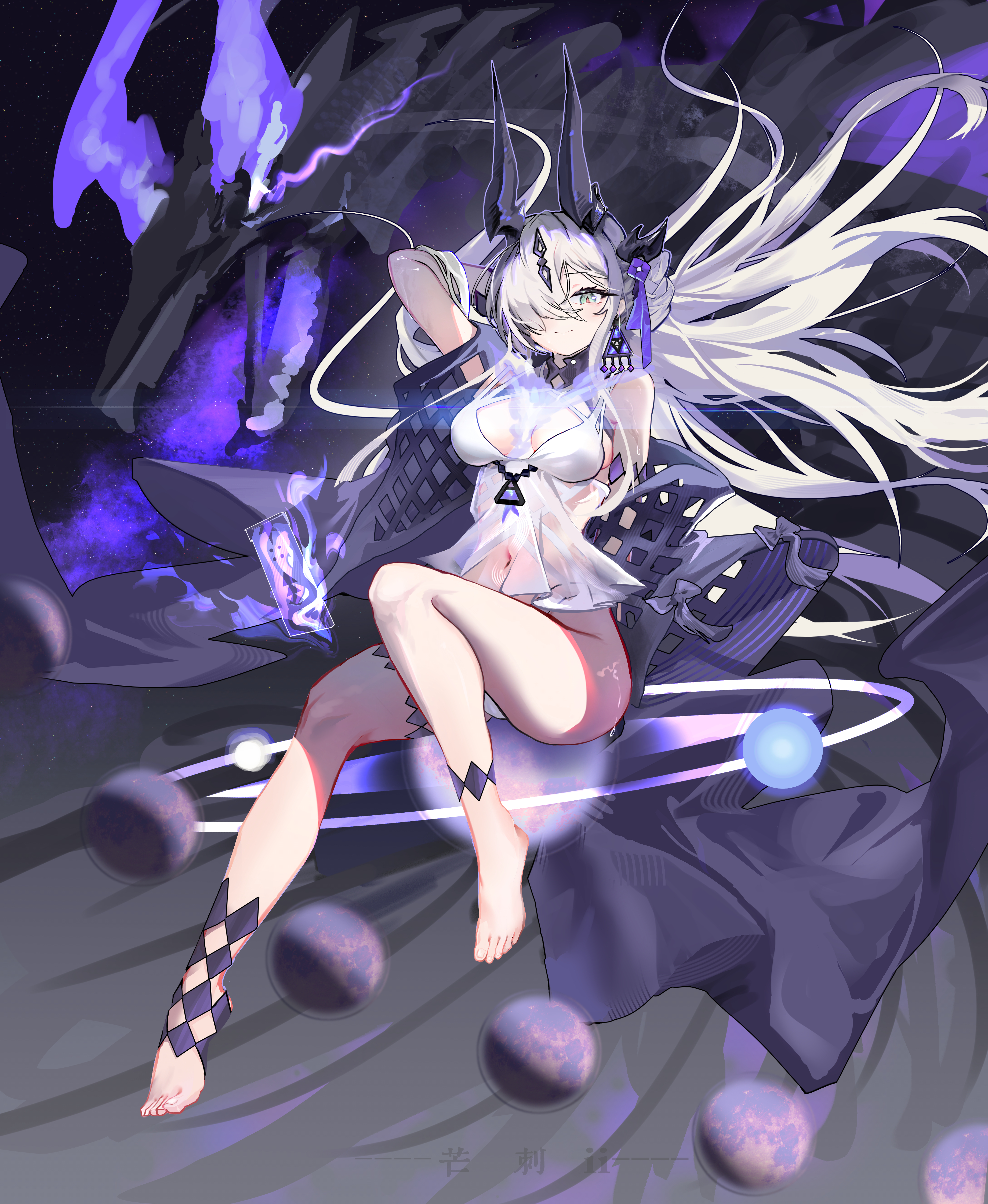 mang ci, necrass (arknights), necrass (summer flowers) (arknights), arknights, absurdres, chinese commentary, commentary request, highres, 1girl, aqua eyes, arm behind head, barefoot, bikini, breasts, closed mouth, dragon girl, dragon horns, earrings, floating hair, full body, hair over one eye, hair spread out, horns, jewelry, long hair, looking at viewer, medium breasts, multiple horns, navel, official alternate costume, pink pupils, sandals, solo, swimsuit, very long hair, white bikini, white hair, white sandals