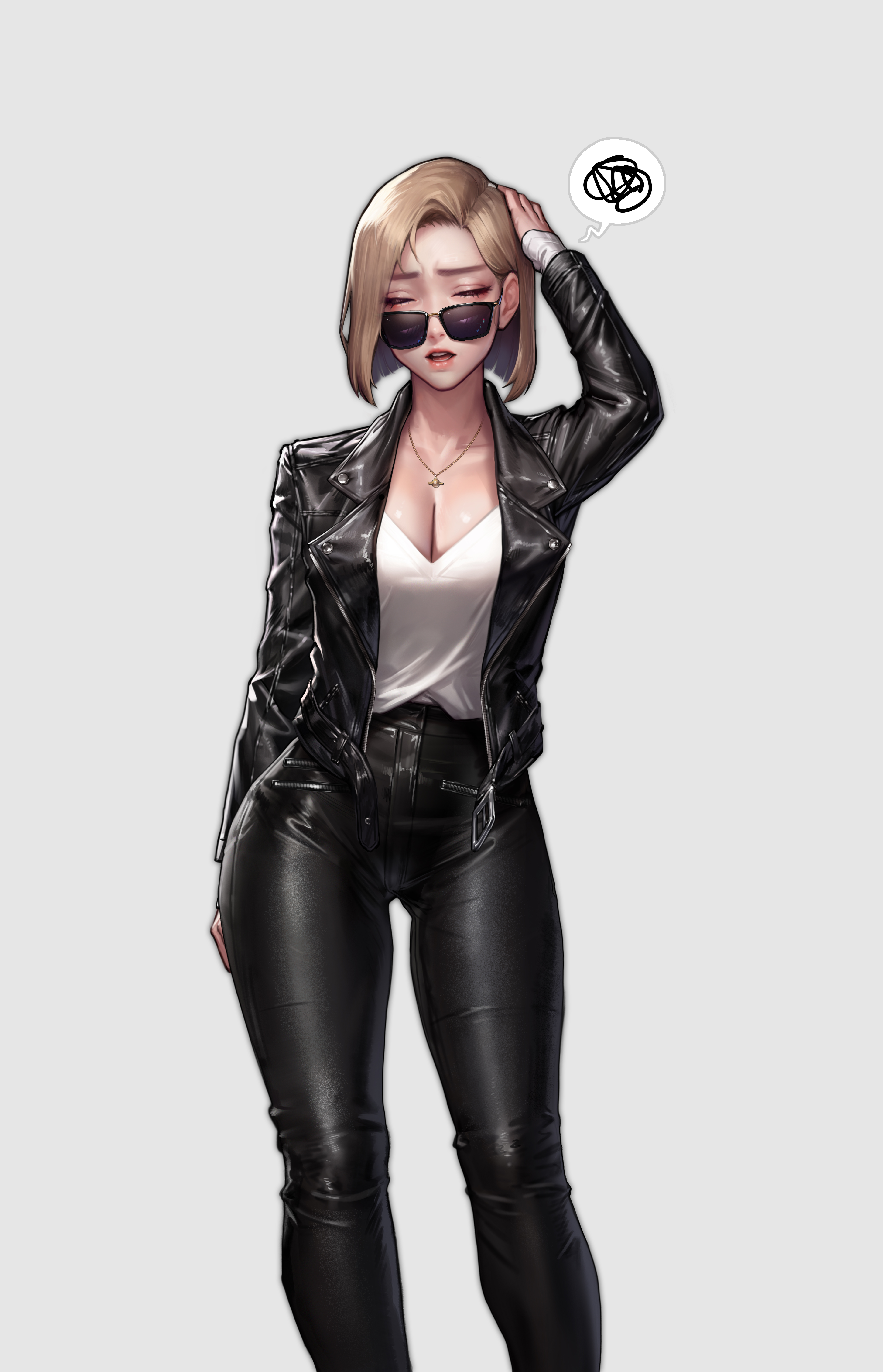 kidmo, absurdres, highres, adjusting eyewear, black jacket, black pants, blonde hair, jacket, looking at viewer, pants, sunglasses, thinking