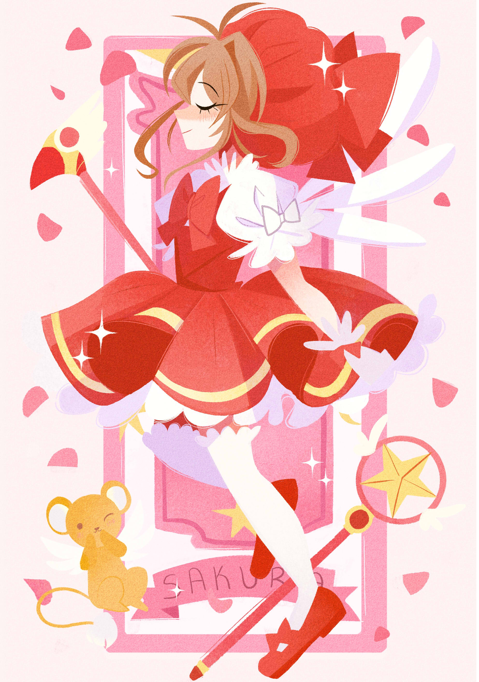 emmyluvscookies, kero (cardcaptor sakura), kinomoto sakura, kinomoto sakura (magician), sakura card, cardcaptor sakura, absurdres, commentary, english commentary, highres, 1girl, bow, bowtie, brown hair, closed eyes, dress, from side, full body, fuuin no tsue, gloves, hat, holding, holding staff, hoshi no tsue, magical girl, mob cap, profile, puffy short sleeves, puffy sleeves, red bow, red bowtie, red dress, red hat, red shoes, shoes, short hair, short sleeves, solo, staff, thighhighs, white gloves, white thighhighs, wings