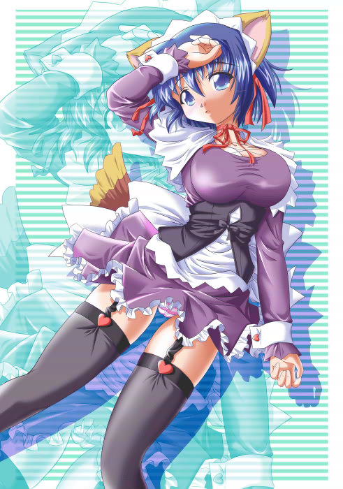 hirorin, kokubunji koyori, nurse witch komugi-chan, 00s, animal ears, blue eyes, blue hair, breasts, frills, hair ribbon, large breasts, magical maid koyori, maid, panties, pantyshot, ribbon, shirt, short hair, striped clothes, striped panties, tail, thighhighs, tight clothes, tight shirt, underwear