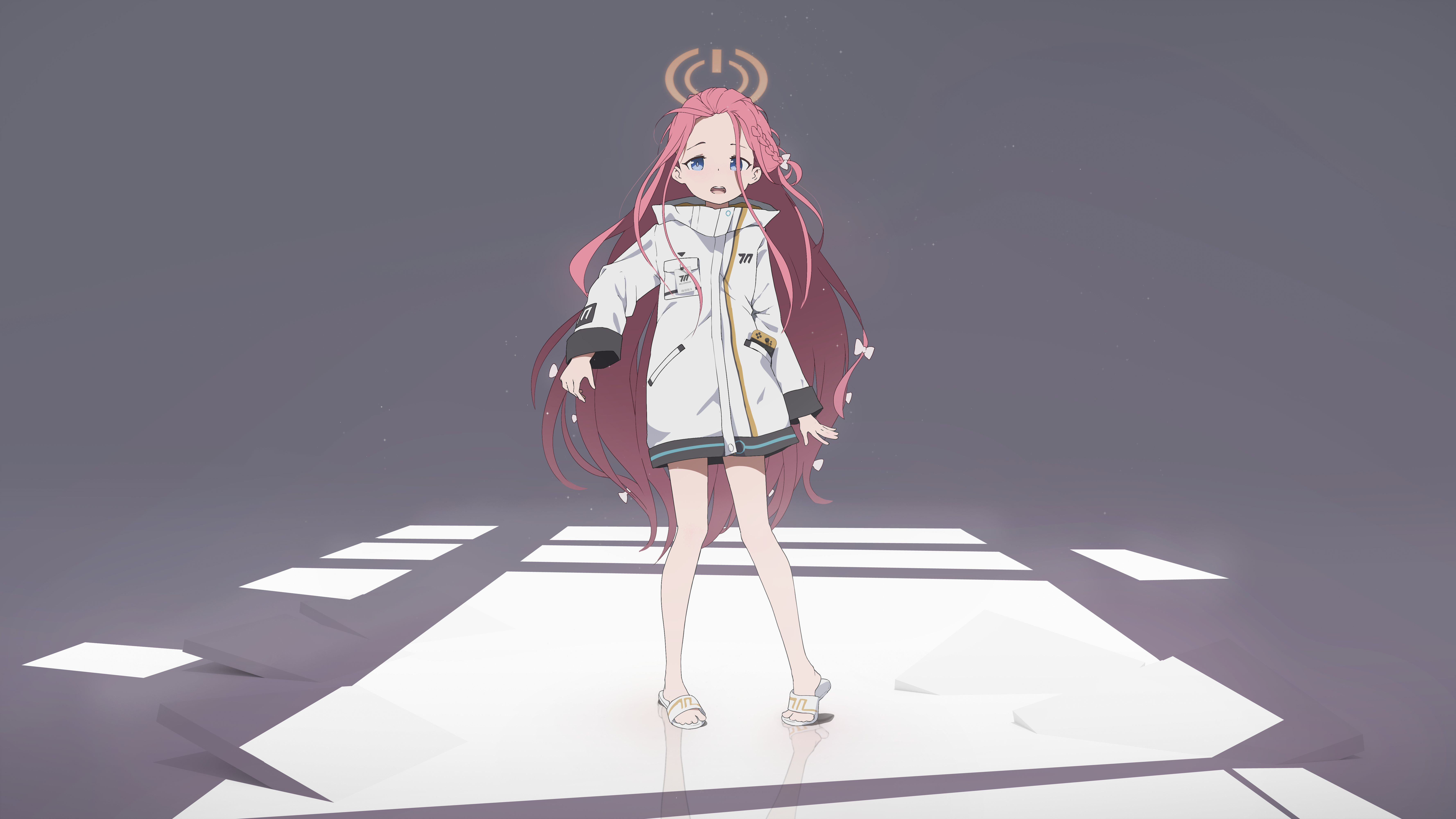 yuzu (blue archive), blue archive, absurdres, commentary, highres, 1girl, blue eyes, bow, bright pupils, bryan-fengyuan, forehead, full body, hair bow, halo, handheld game console, heel up, id card, jacket, light particles, long hair, long sleeves, millennium science school logo, object in pocket, open mouth, orange halo, pocket, power symbol, red hair, reflection, reflective floor, reflective surface, sandals, slides, solo, standing, teeth, upper teeth only, very long hair, white bow, white jacket, white sandals, window shadow