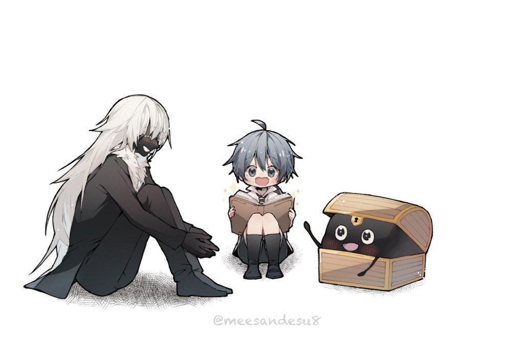 lloyd de saloum, mimic chest, tensei shitara dai nana oji datta no de: kimama ni majutsu o kiwamemasu, 1girl, 1other, black skin, black socks, blue eyes, blue hair, blush, chibi, colored skin, full body, hair between eyes, knees up, looking at viewer, mimic, obakesandesu8, open mouth, reading, short hair, simple background, sitting, smile, socks, sparkle, white background, white hair