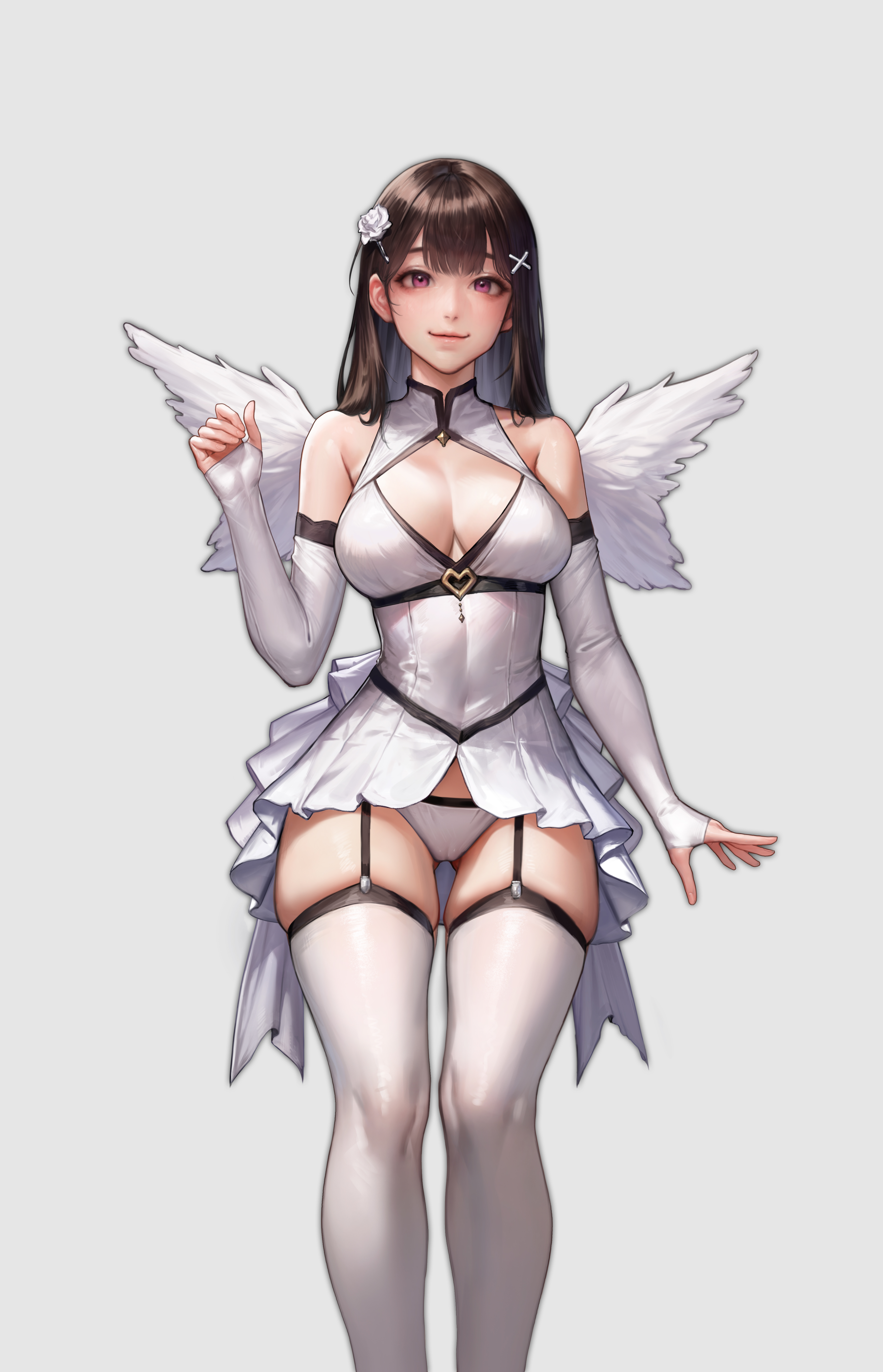 kidmo, absurdres, highres, black hair, dress, gloves, looking at viewer, panties, pink eyes, socks, underwear, white dress, white gloves, white panties, white socks, wings