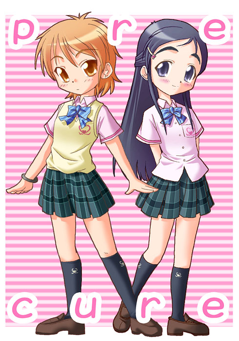 hirorin, misumi nagisa, yukishiro honoka, futari wa precure, precure, 00s, 2girls, closed mouth, long hair, multiple girls, school uniform, serafuku, shoes, short hair, smile, socks