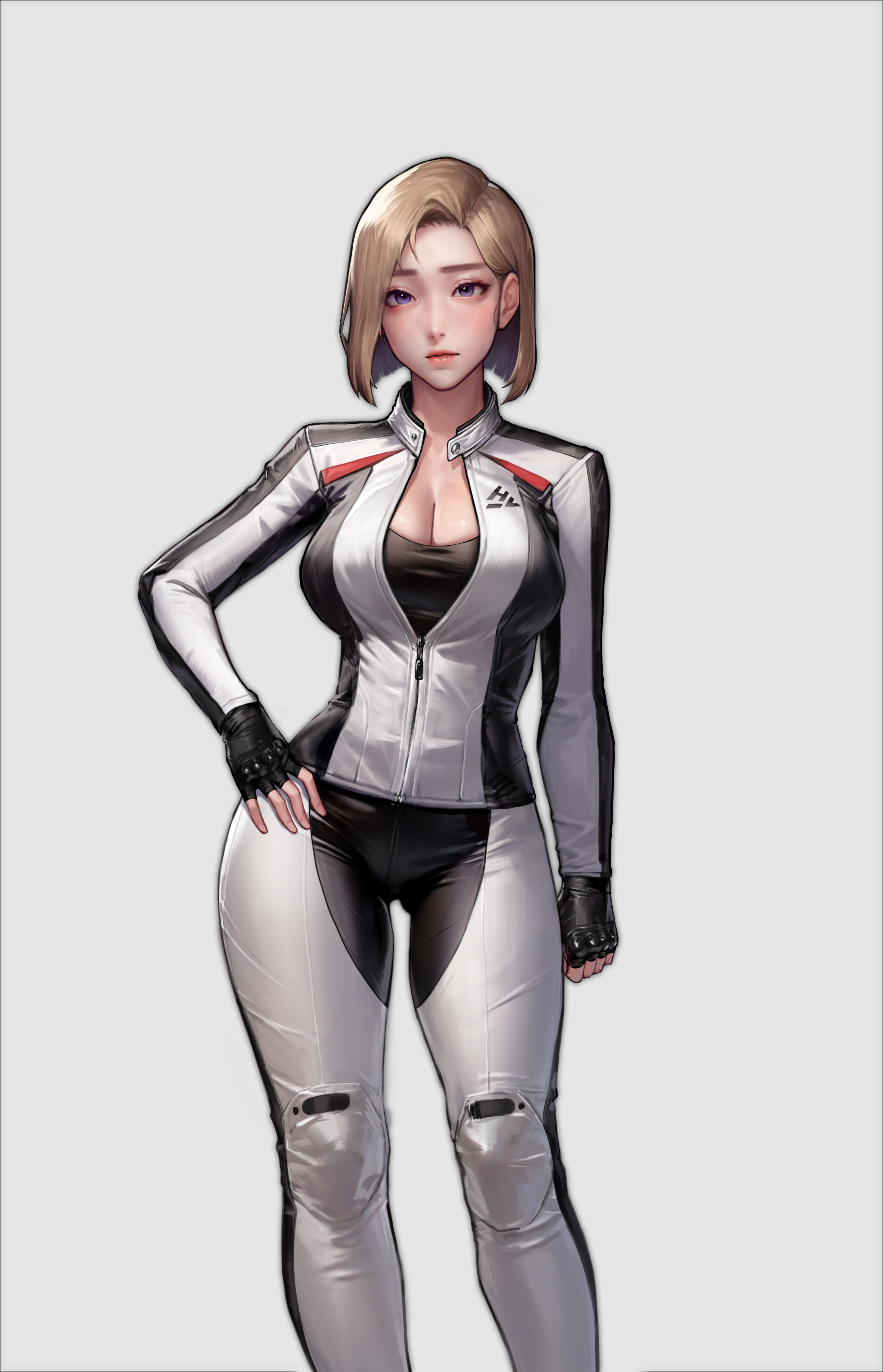 kidmo, absurdres, highres, black gloves, blonde hair, gloves, looking at viewer, purple eyes, racing suit