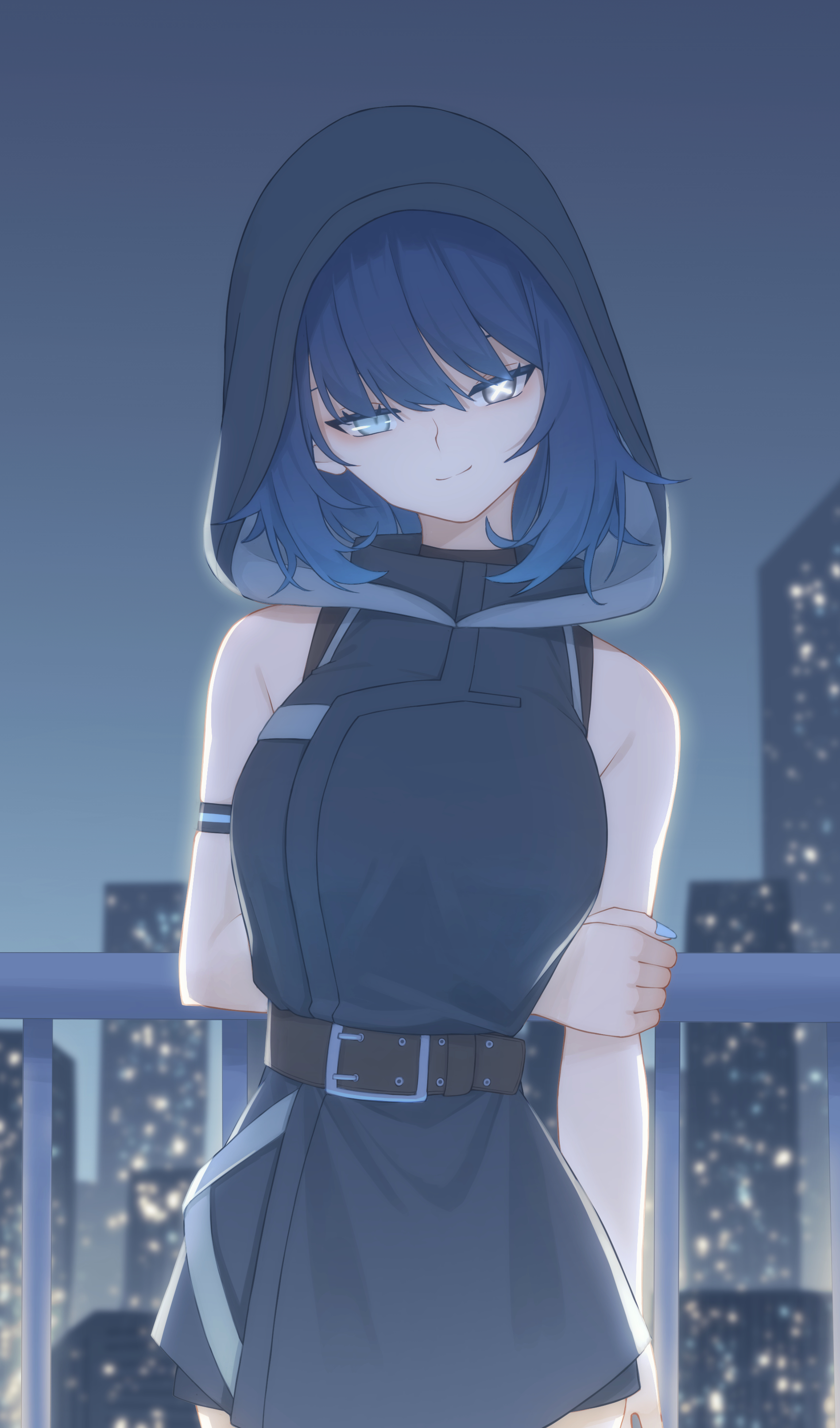 hoshi shimeji (yuki-e-toriusu1), original, absurdres, highres, 1girl, armband, arms behind back, belt, blue eyes, blue hair, cityscape, head tilt, heterochromia, holding own arm, hood, hood up, hooded jacket, jacket, looking at viewer, mismatched pupils, nail polish, railing, sleeveless, sleeveless jacket, smile, solo, symbol-shaped pupils, yellow eyes