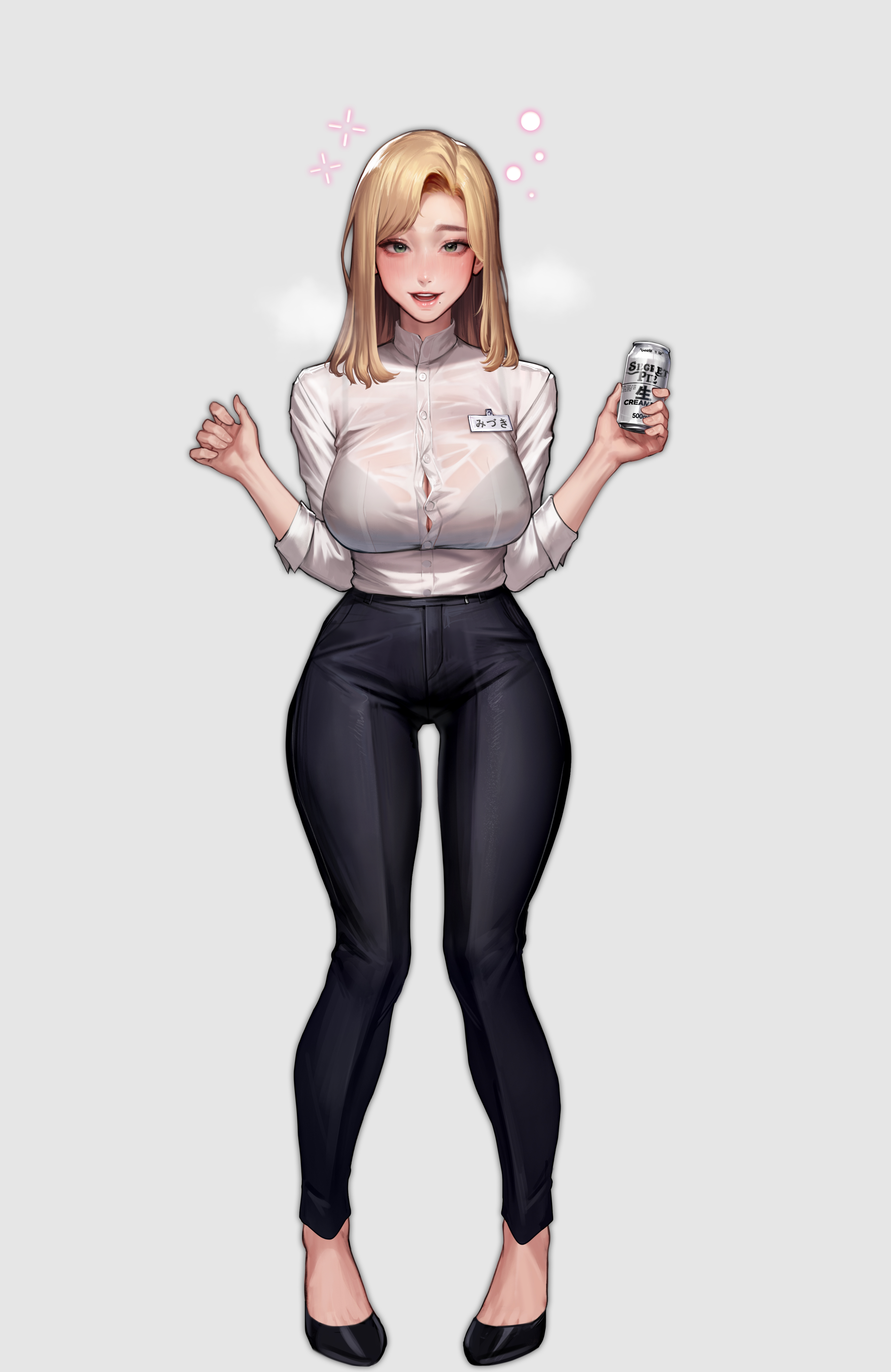 kidmo, absurdres, highres, alcohol, beer, black pants, blonde hair, drunk, full body, green eyes, looking at viewer, pants, see-through clothes