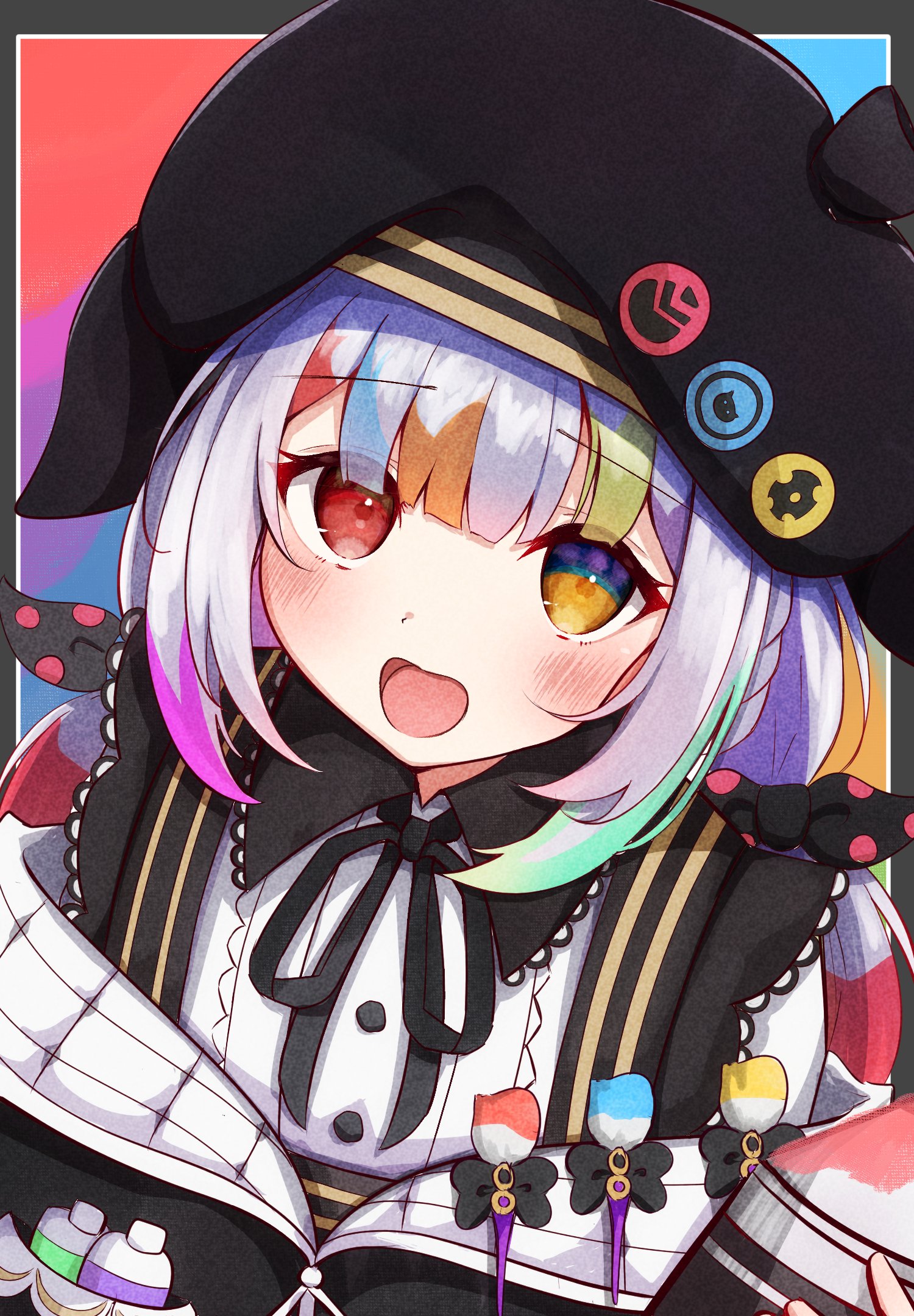 jougasaki noa, mahou shoujo no majo saiban, hashtag-only commentary, highres, 1girl, :d, beret, black jacket, black ribbon, blunt bangs, collared shirt, hat, heterochromia, jacket, long hair, long sleeves, looking at viewer, magical girl, multicolored hair, neck ribbon, off shoulder, open mouth, outside border, paintbrush, pixiv 81858154, red eyes, ribbon, shirt, smile, solo, streaked hair, upper body, white hair, white shirt, yellow eyes
