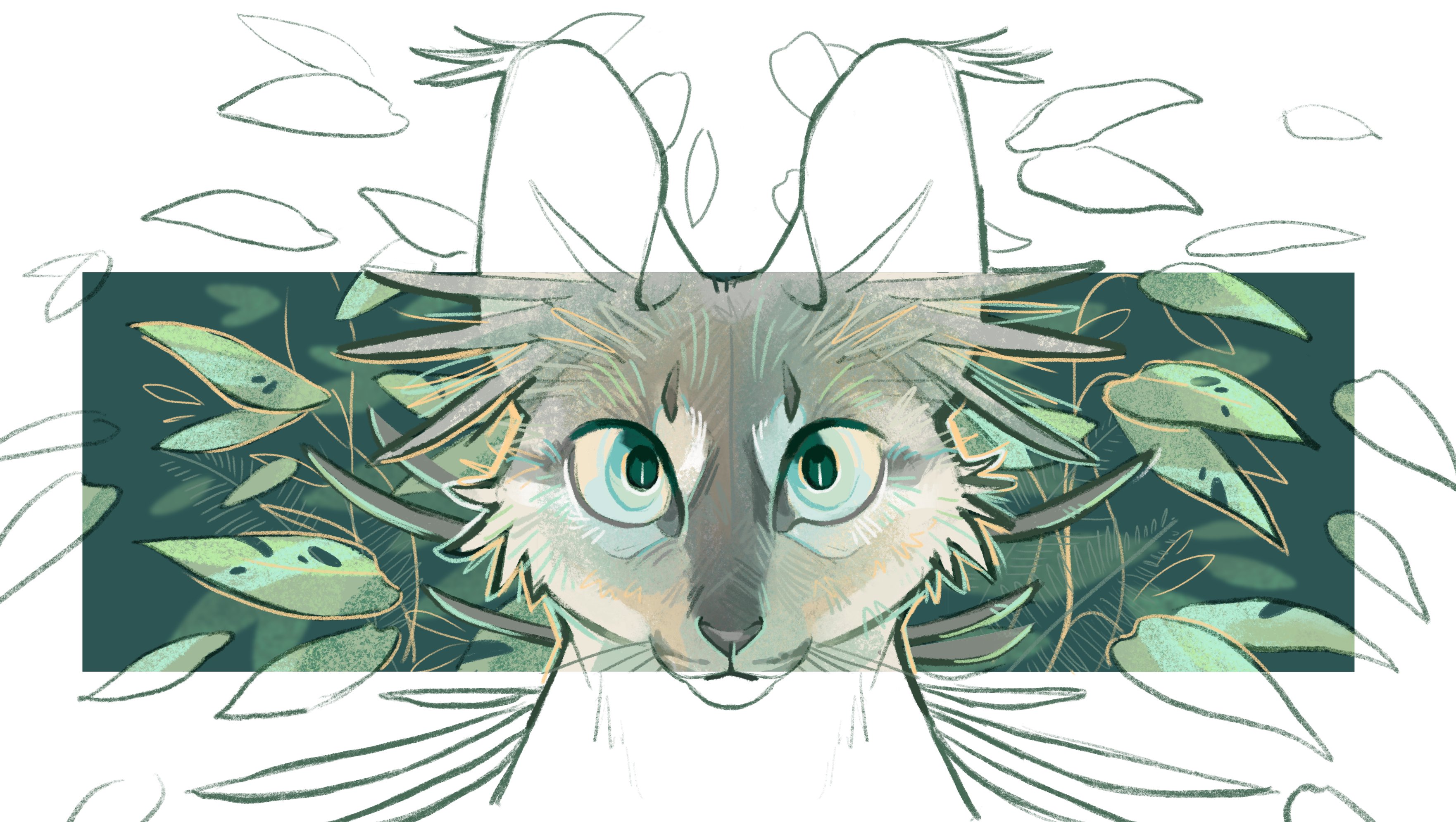 original, absurdres, commentary, highres, symbol-only commentary, animal, animal focus, aqua eyes, artist self-insert, caracal, ear tufts, finchwing, finchwing (character), grey fur, leaf, letterboxed, looking at viewer, no humans, solo, upper body